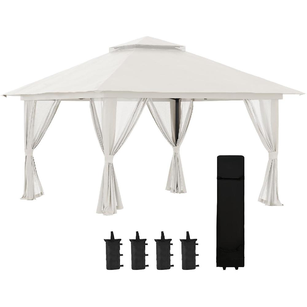 Una tenda gazebo bianca con tende e accessori su sfondo bianco.