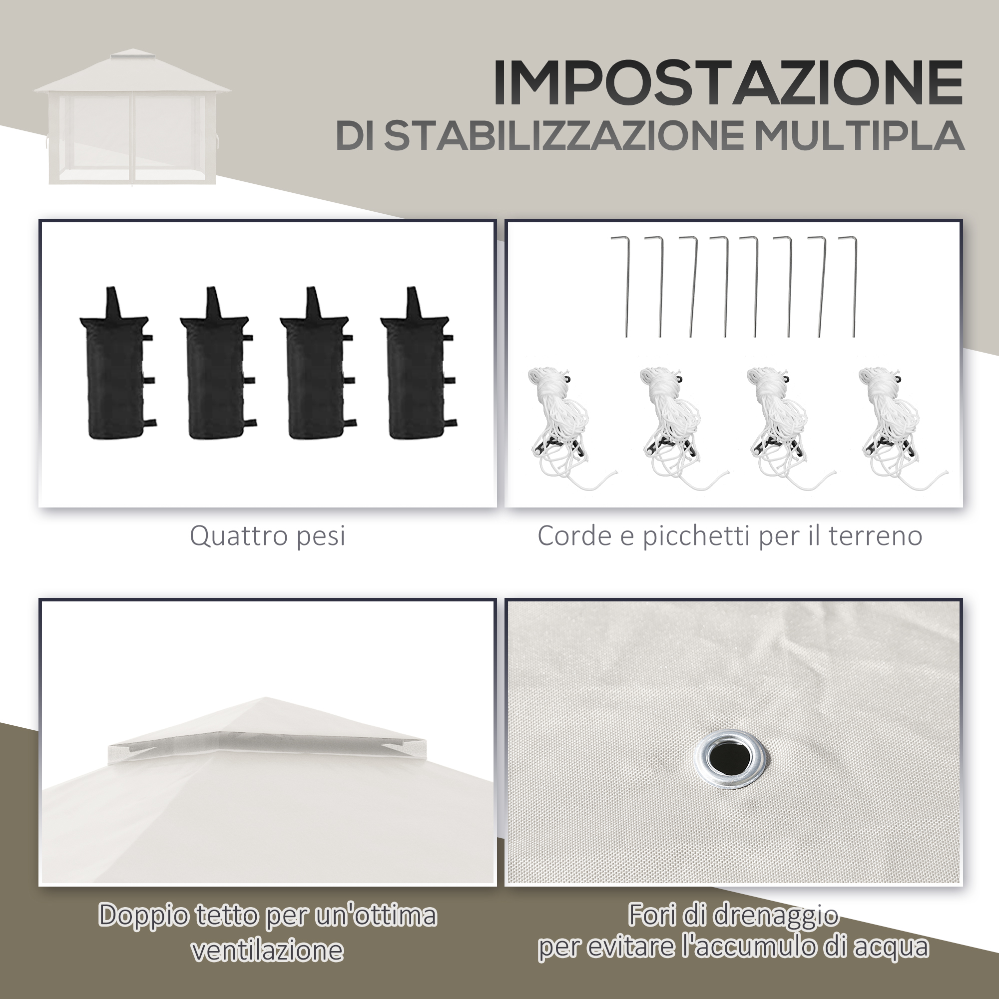 Una gazebo con quattro pesi, corde, picchetti e caratteristiche di ventilazione.