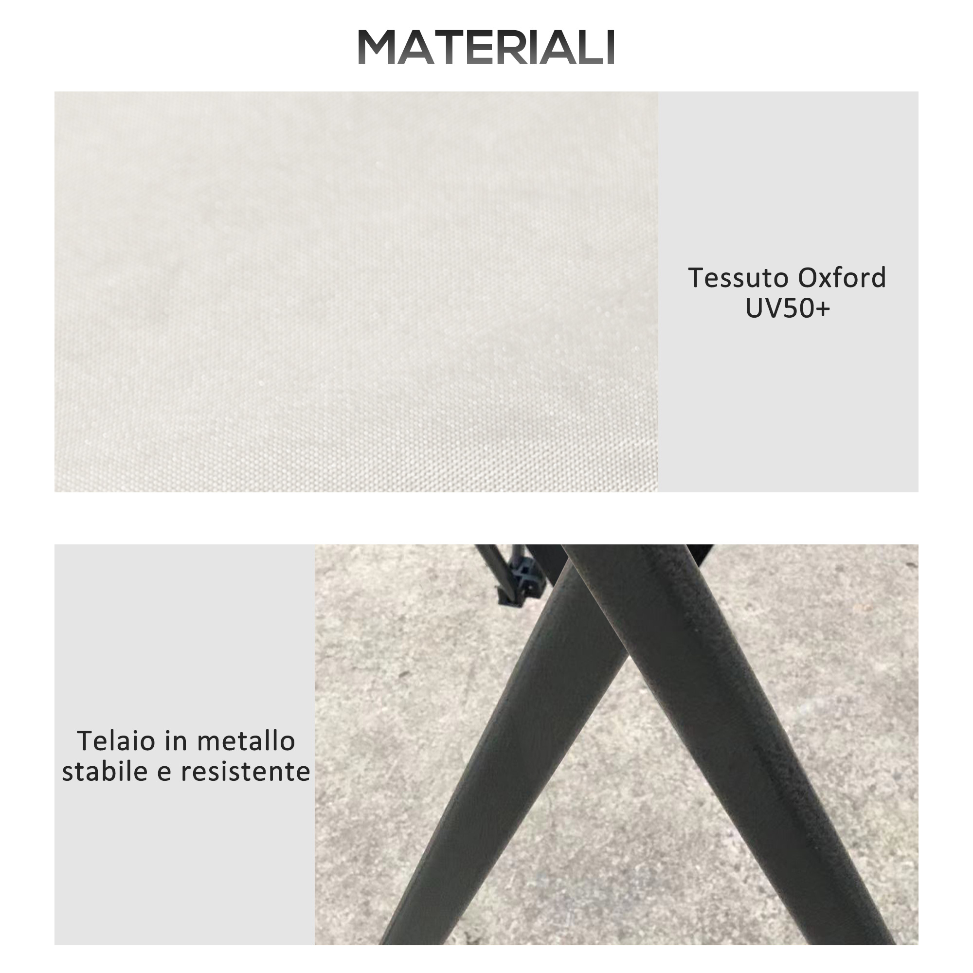Superiore: tessuto Oxford bianco UV50+. Inferiore: telaio metallico scuro.