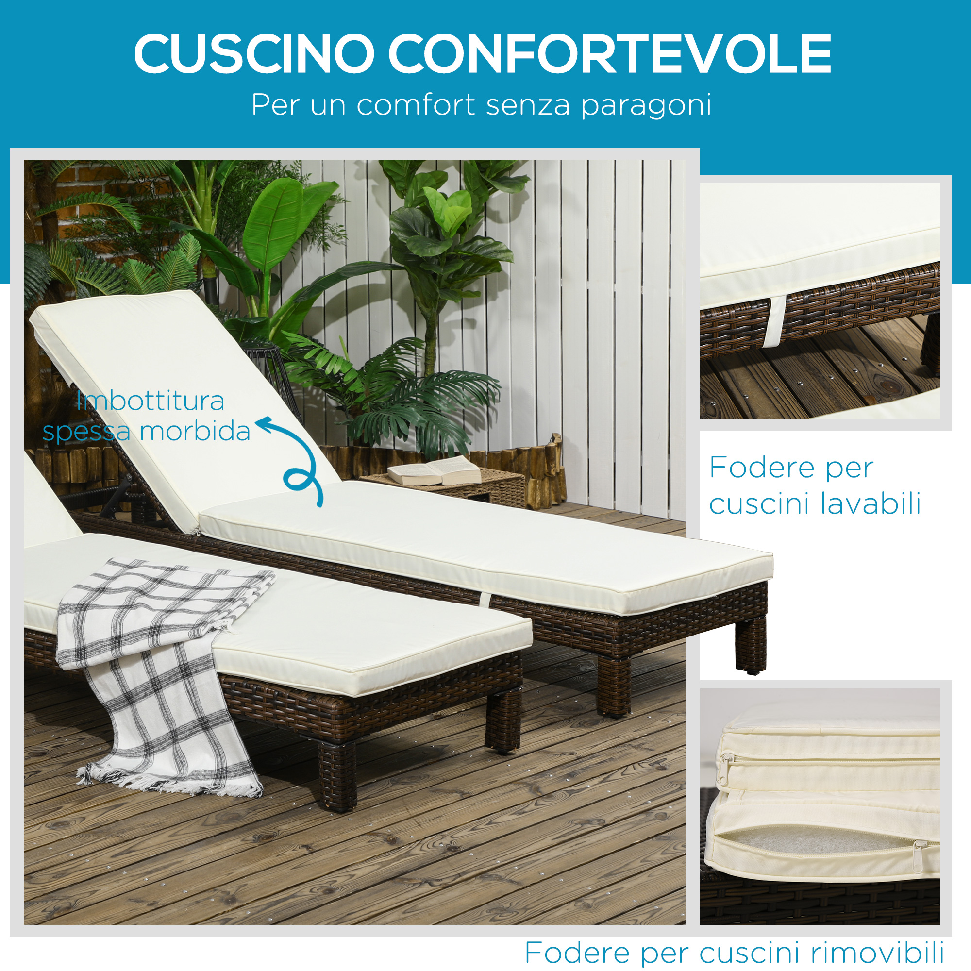 Due cuscini bianchi per sdraio su sedie in rattan marrone, con piante sullo sfondo.