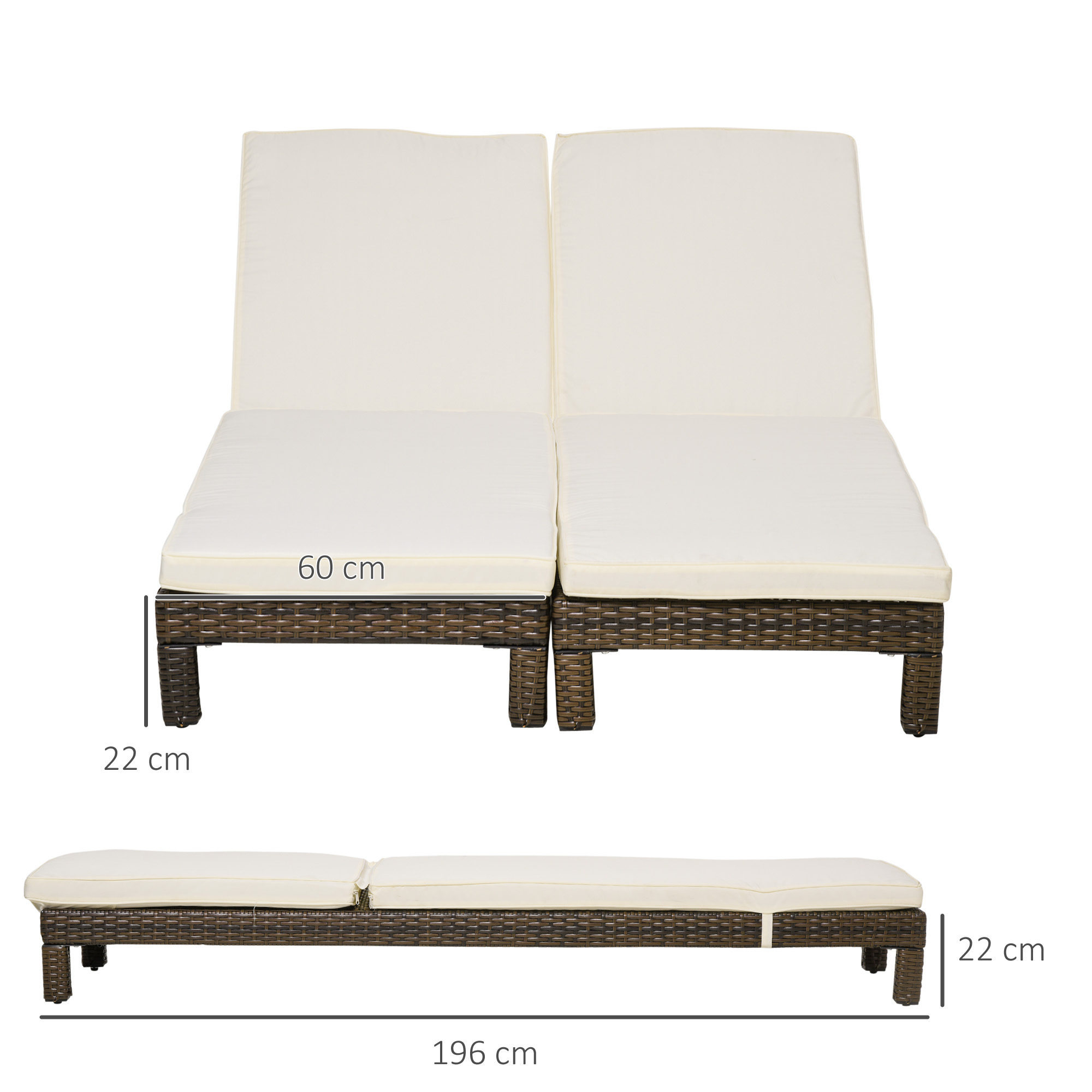 Due lettini prendisole in rattan beige con gambe marroni. Dimensioni: 196x60x22cm.