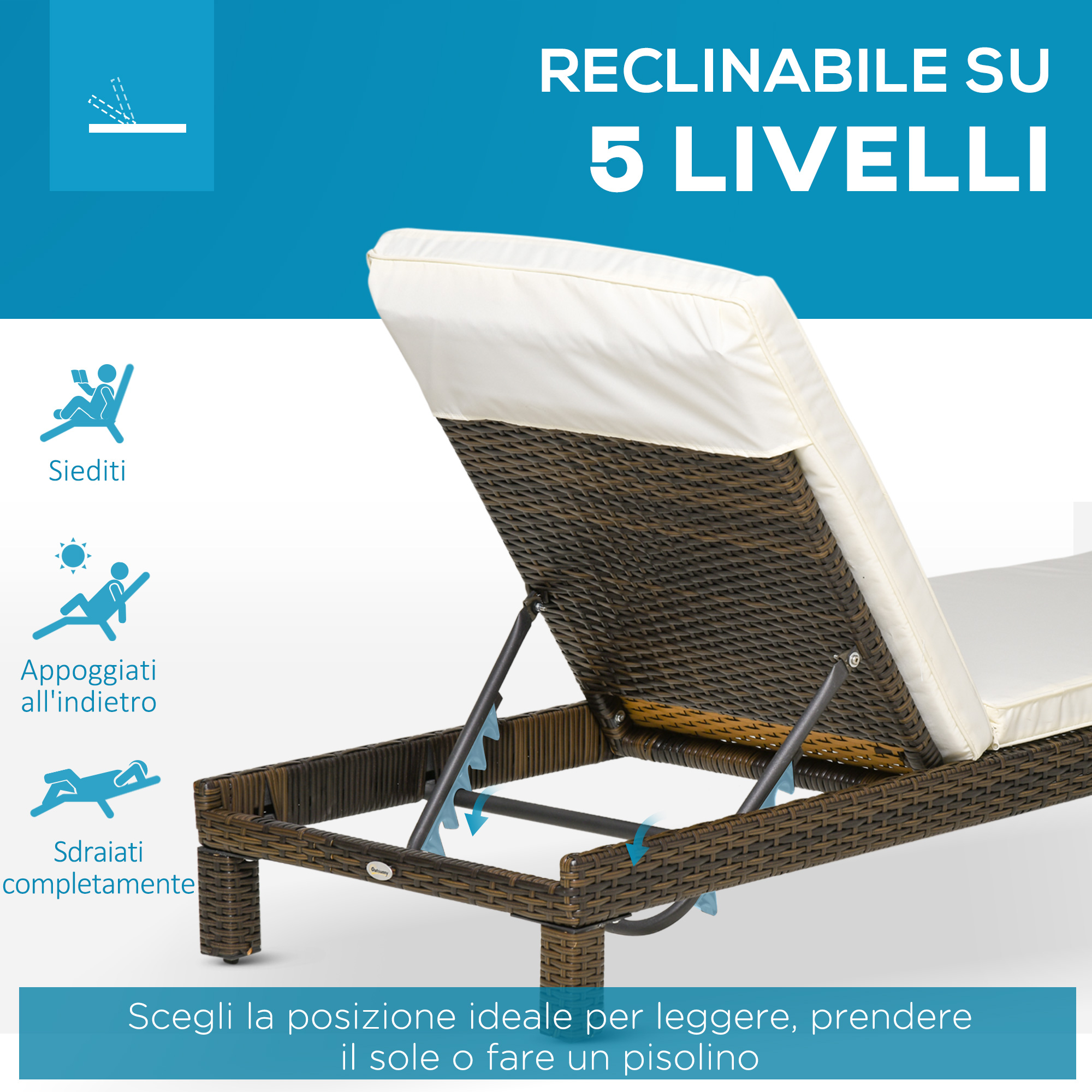 Lettino prendisole in rattan marrone con cuscino beige, regolabile.