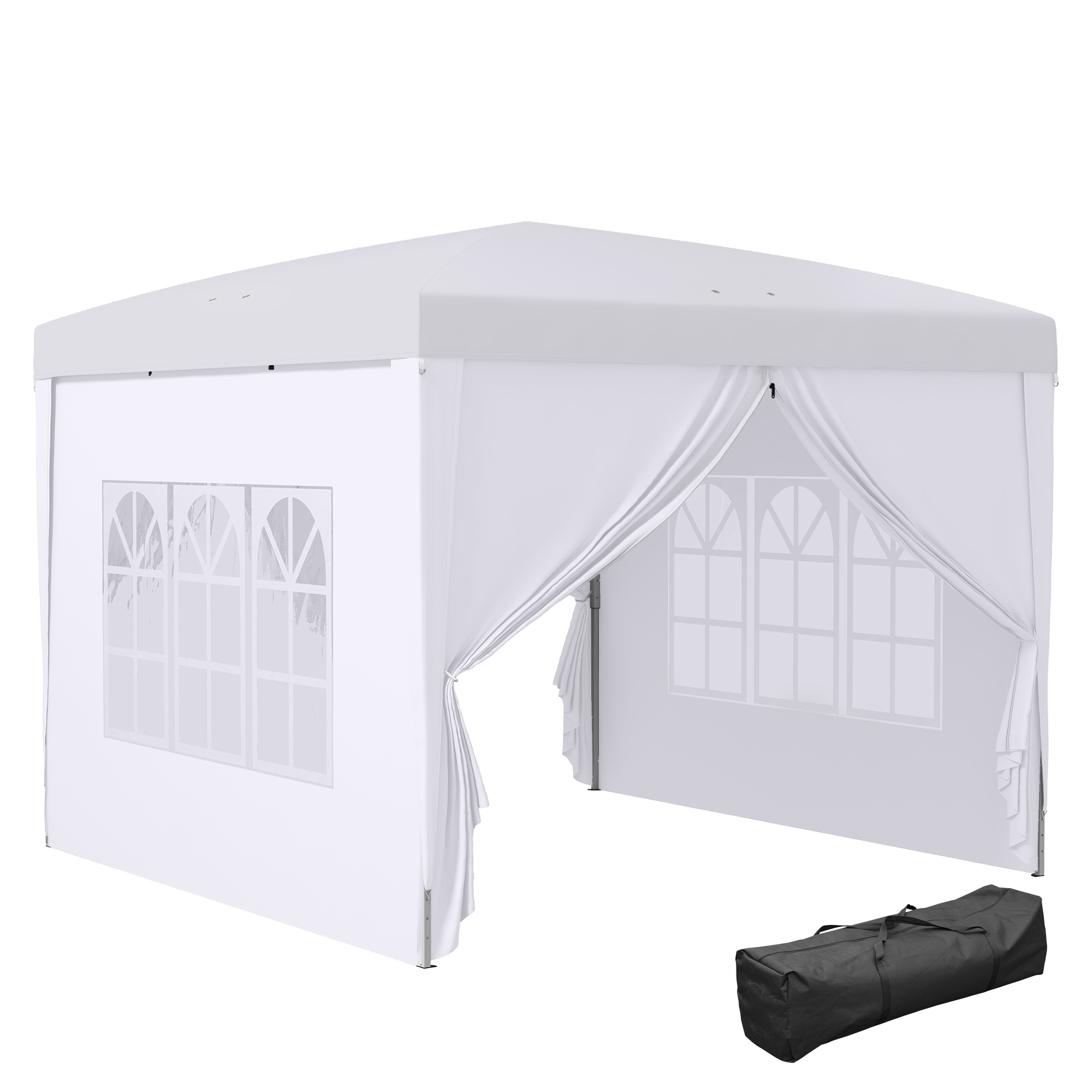 Un gazebo bianco con finestre e una borsa per il trasporto nera.