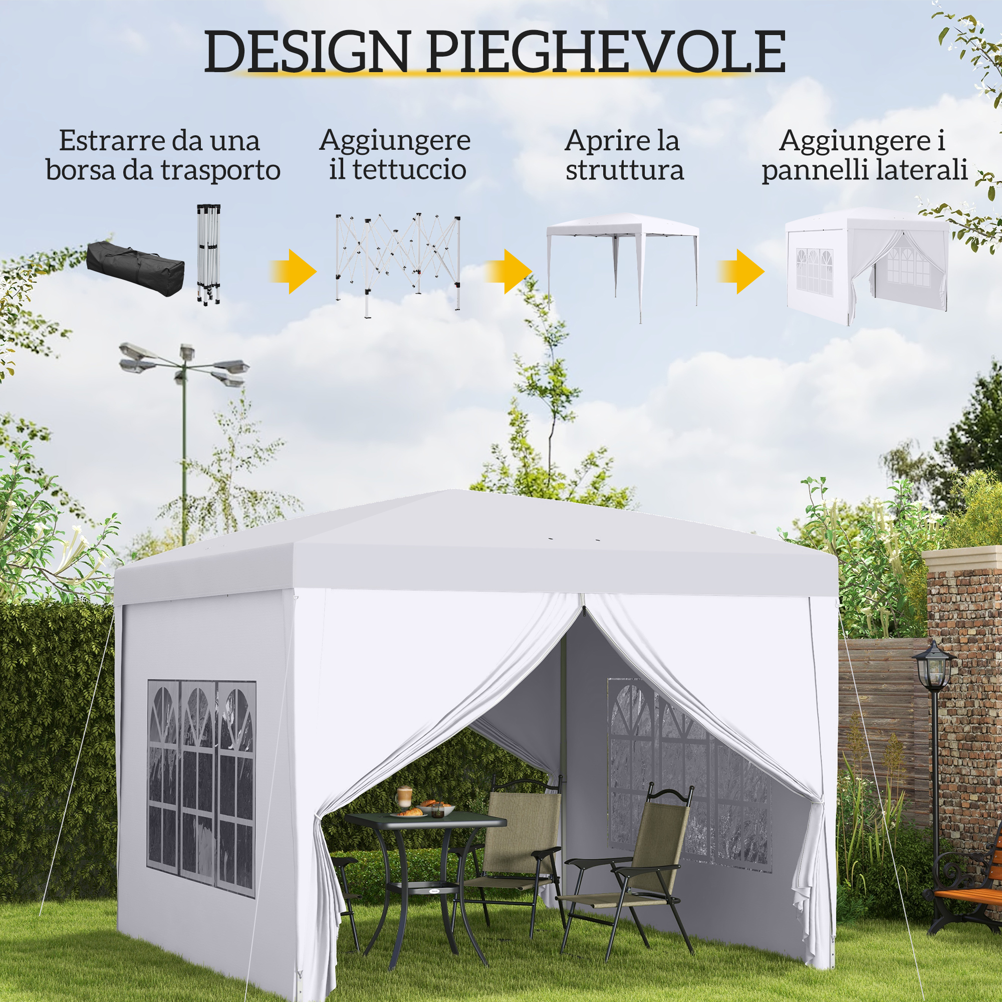 Una tenda bianca con finestre si erge su un prato, accanto a un tavolo e sedie.