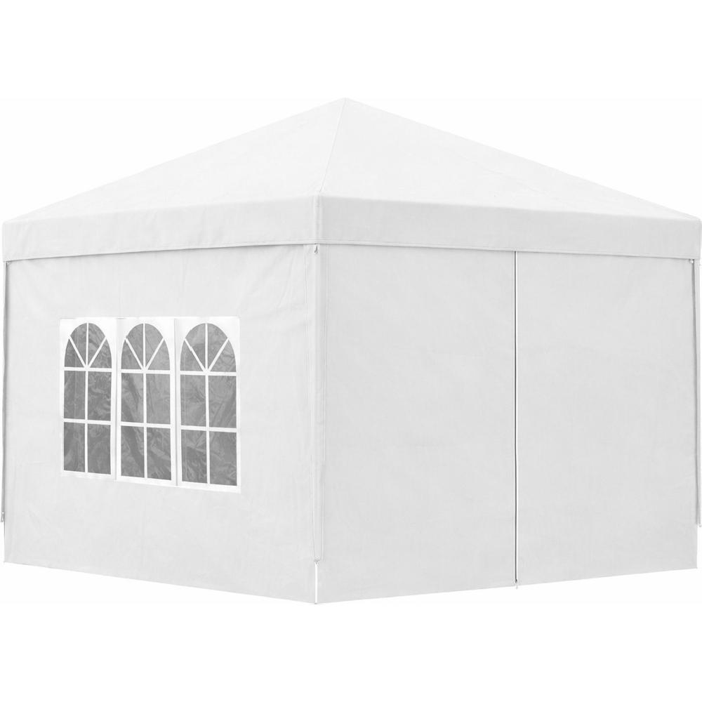 Una tenda bianca con tre finestre su un lato e una porta.
