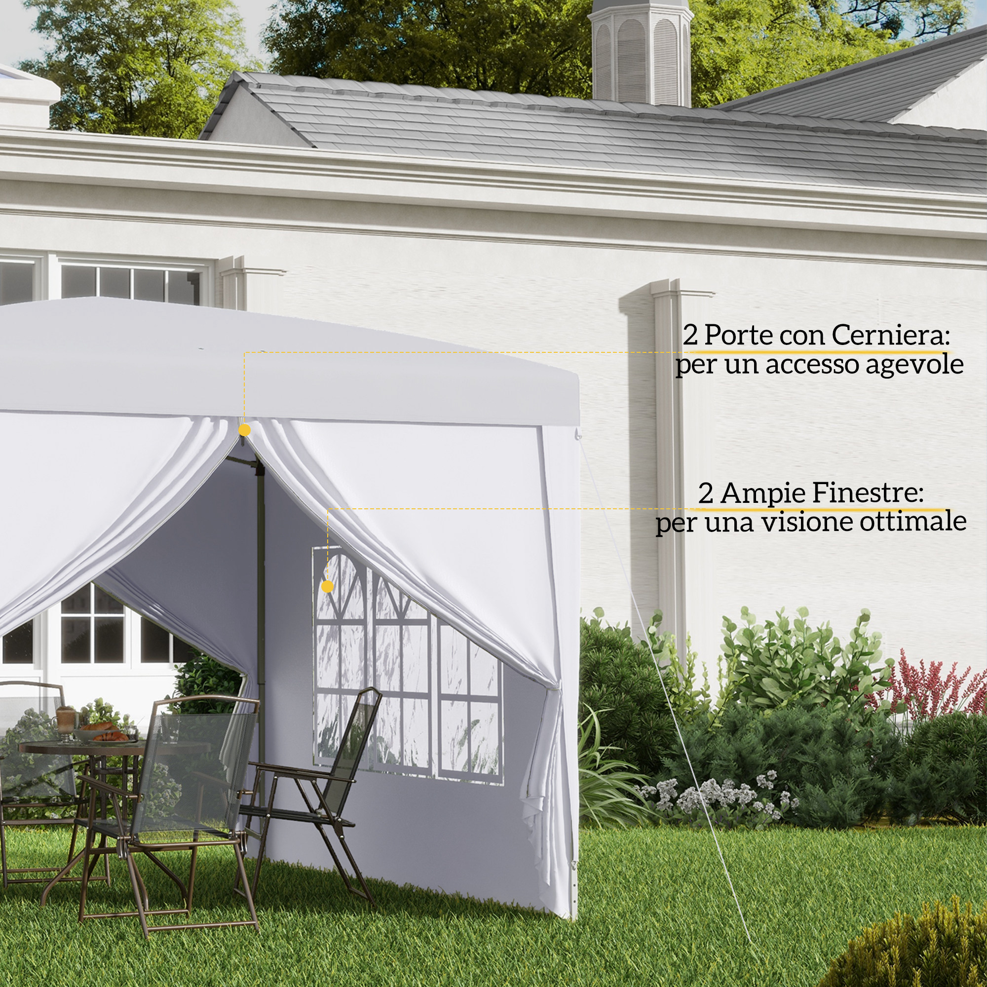 Tenda bianca con finestre e porte, set da giardino sull'erba.