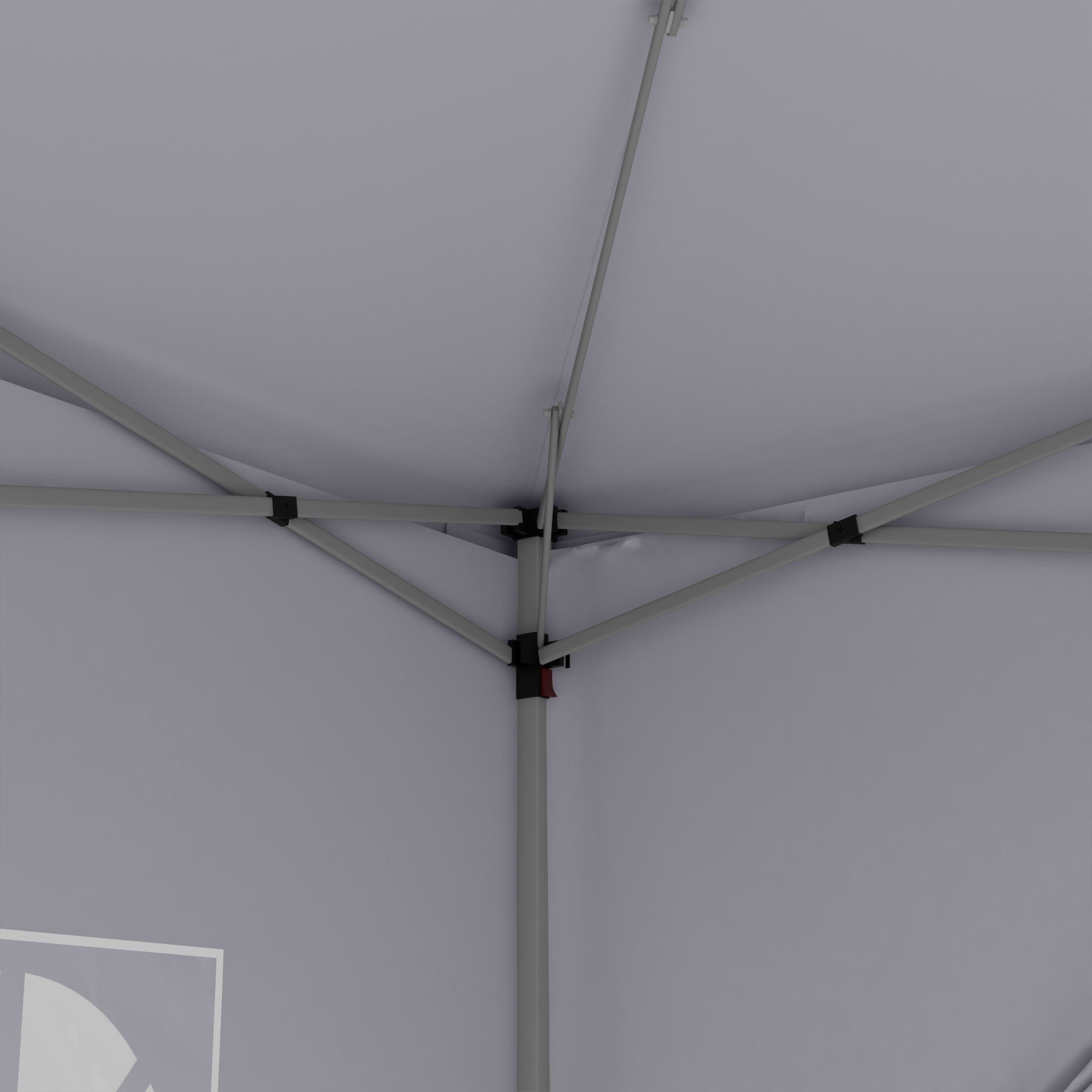 Struttura tenda grigia con montanti metallici e copertura in tessuto.