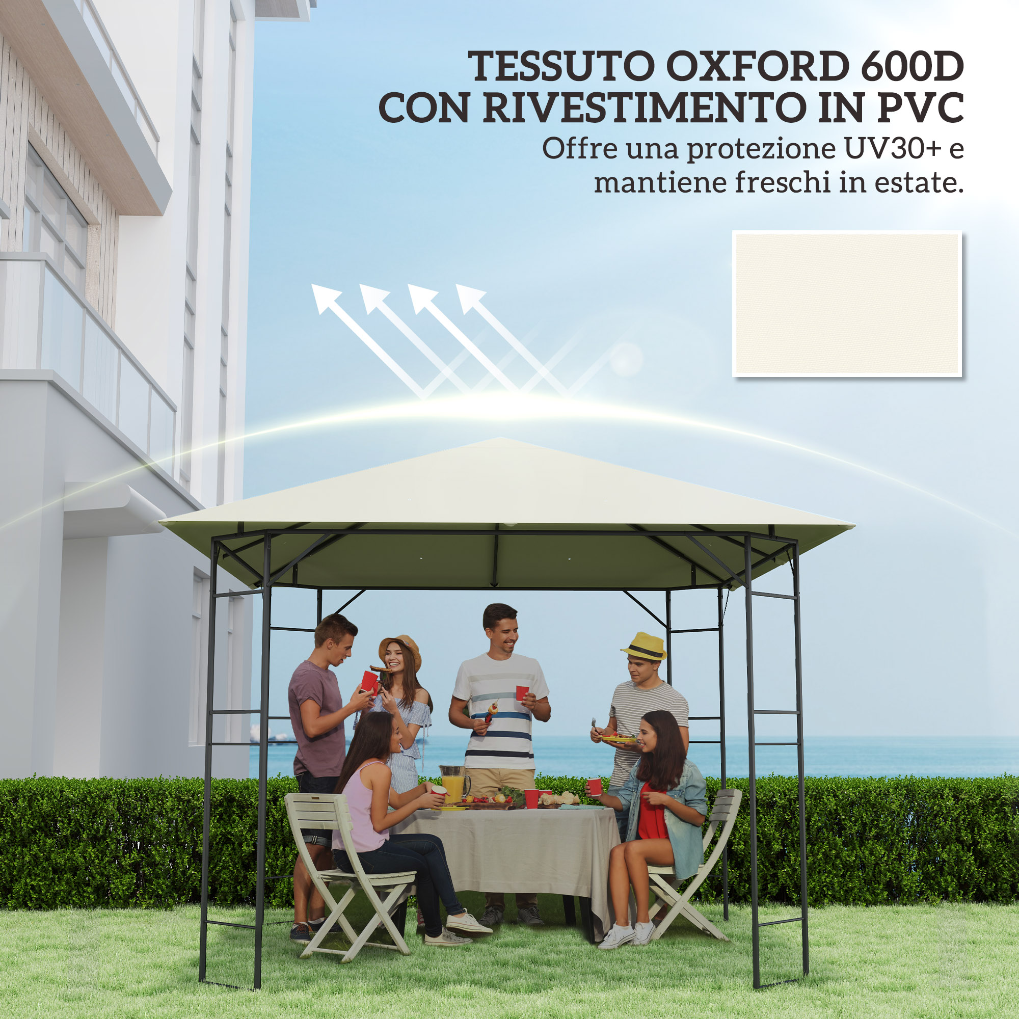 Sei persone sedute attorno a un tavolo sotto un gazebo all'aperto, bevono e mangiano.