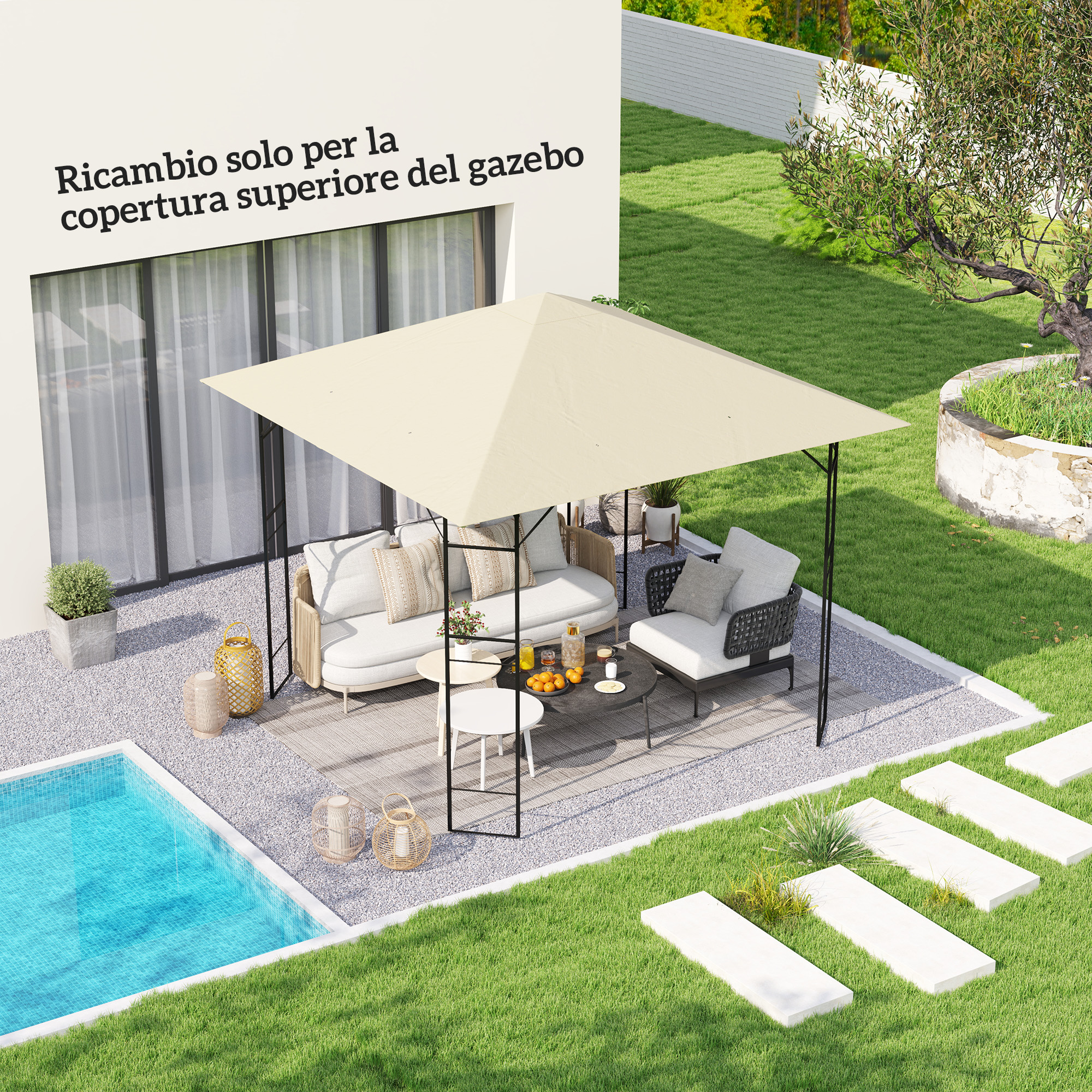 Arredamento da esterno sotto un gazebo beige vicino a una piscina.