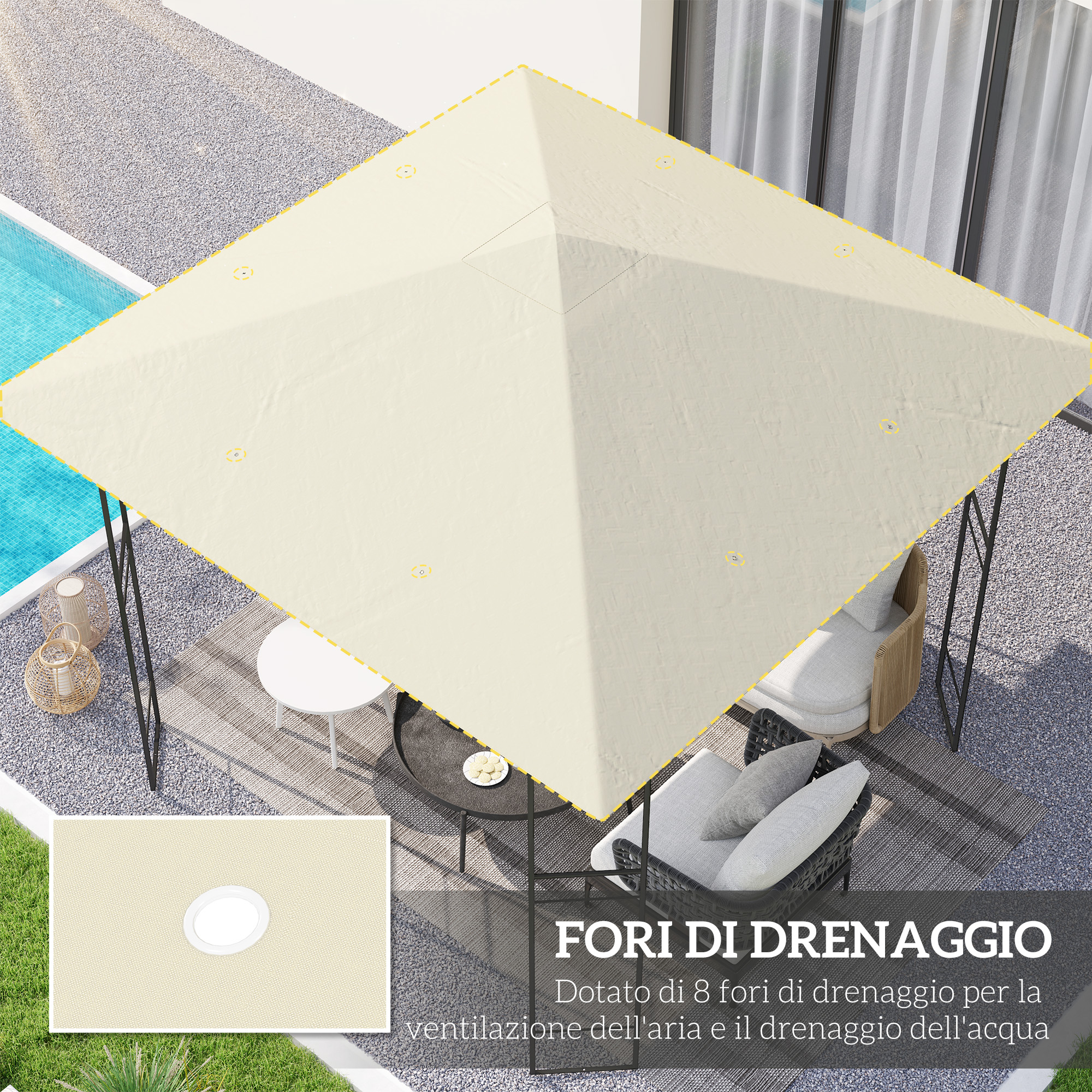 Un gazebo color crema con fori di drenaggio, sopra mobili da giardino e piscina.