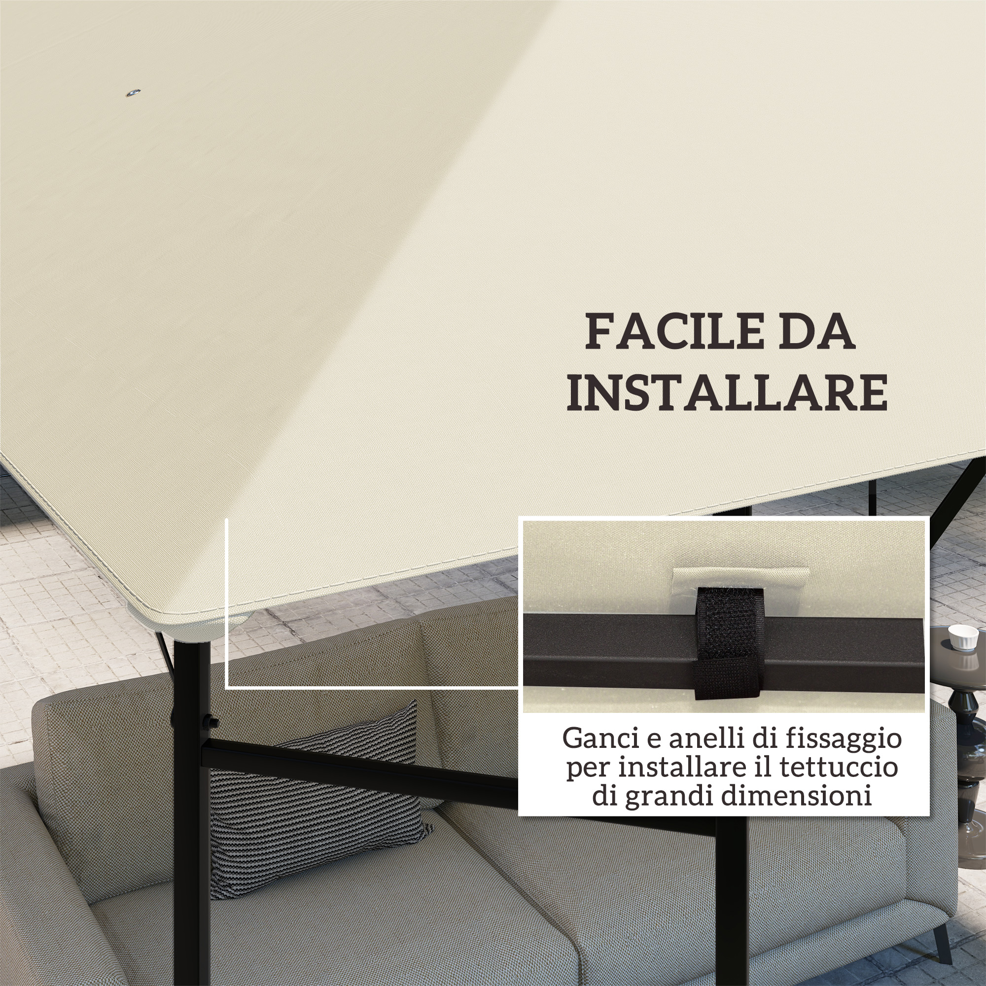 Tettuccio in tessuto beige con ganci di fissaggio su divano.