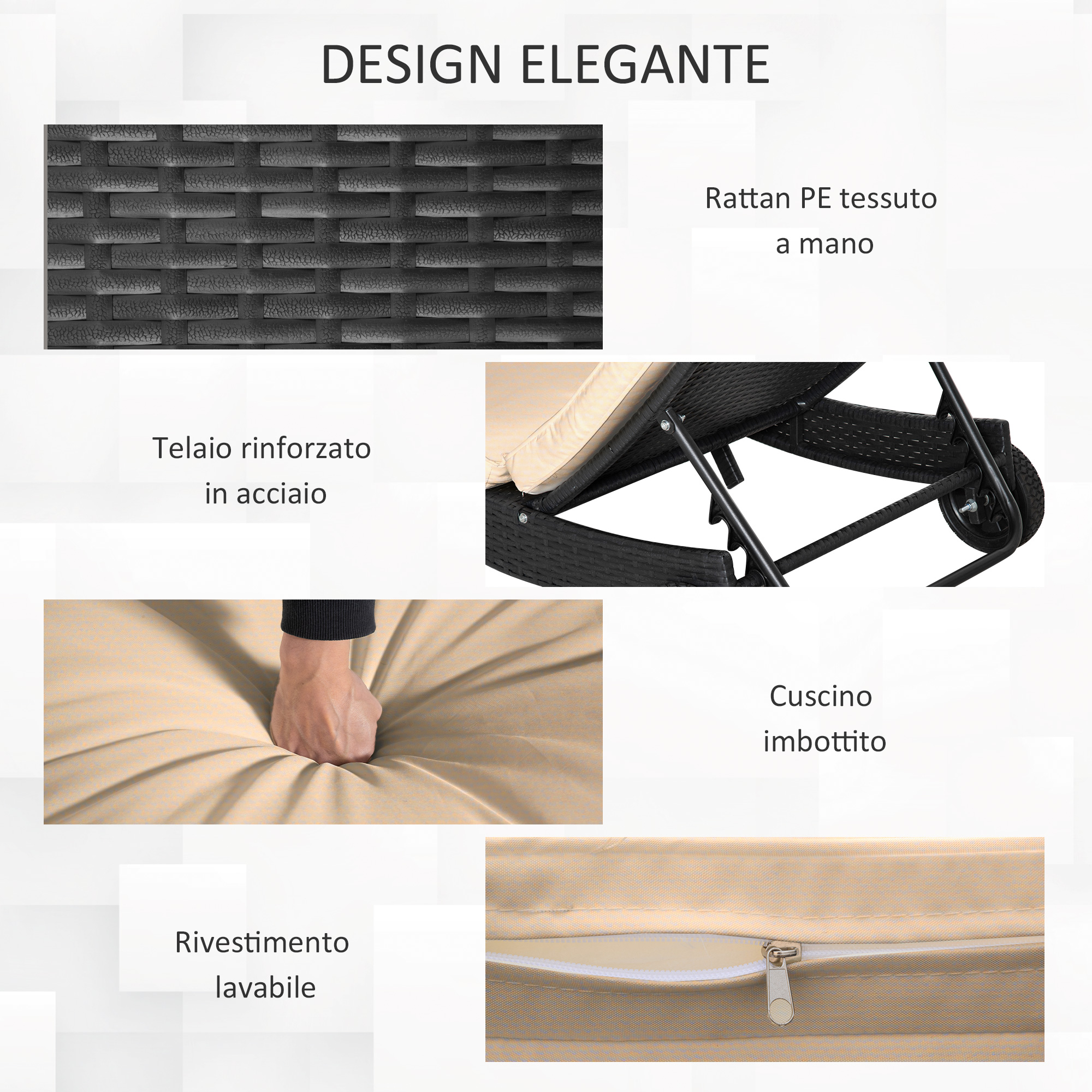 Dettagli di una sedia in rattan: trama, telaio in acciaio e cuscino.