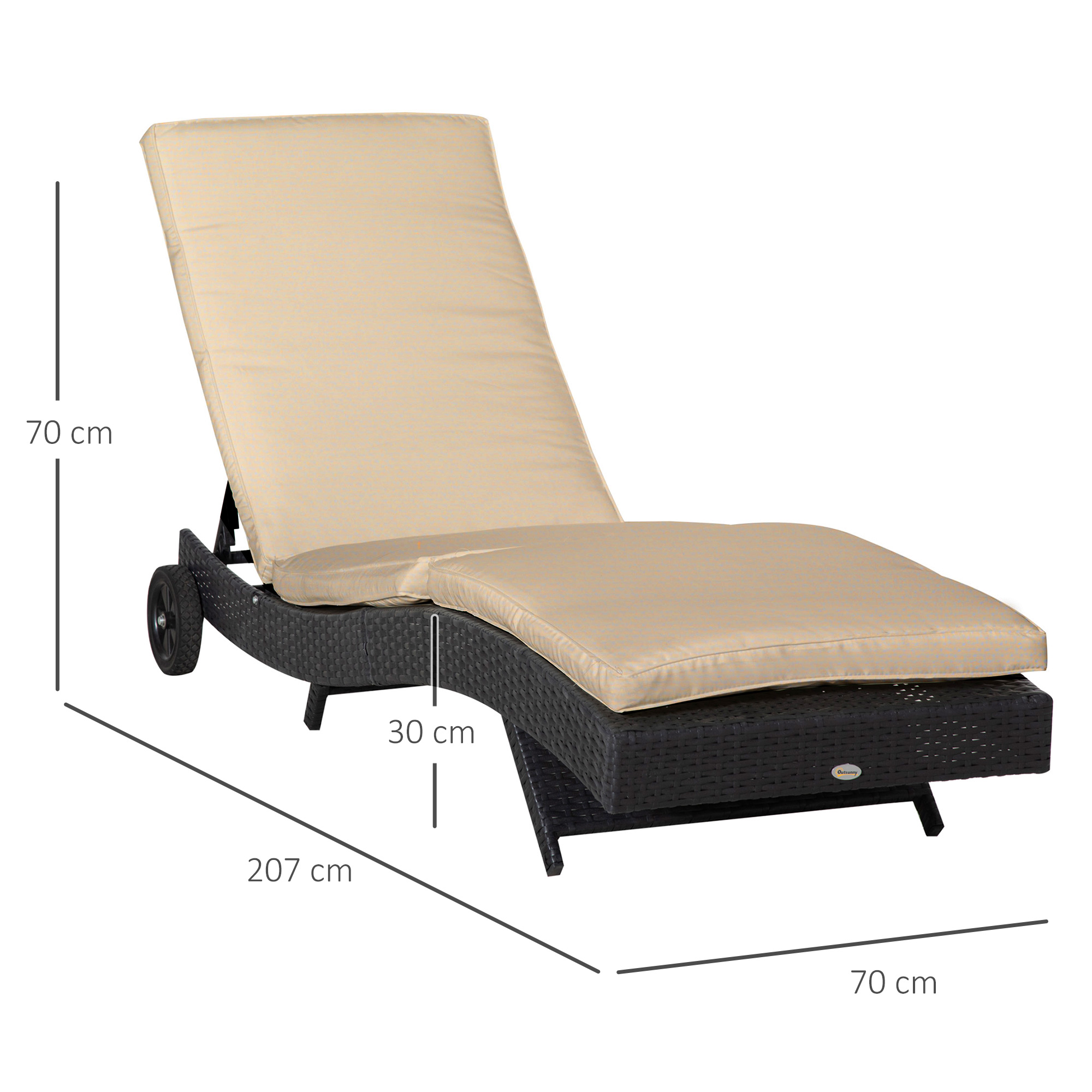 Lettino prendisole in rattan nero con cuscino beige, dim. 207x70x70 cm.