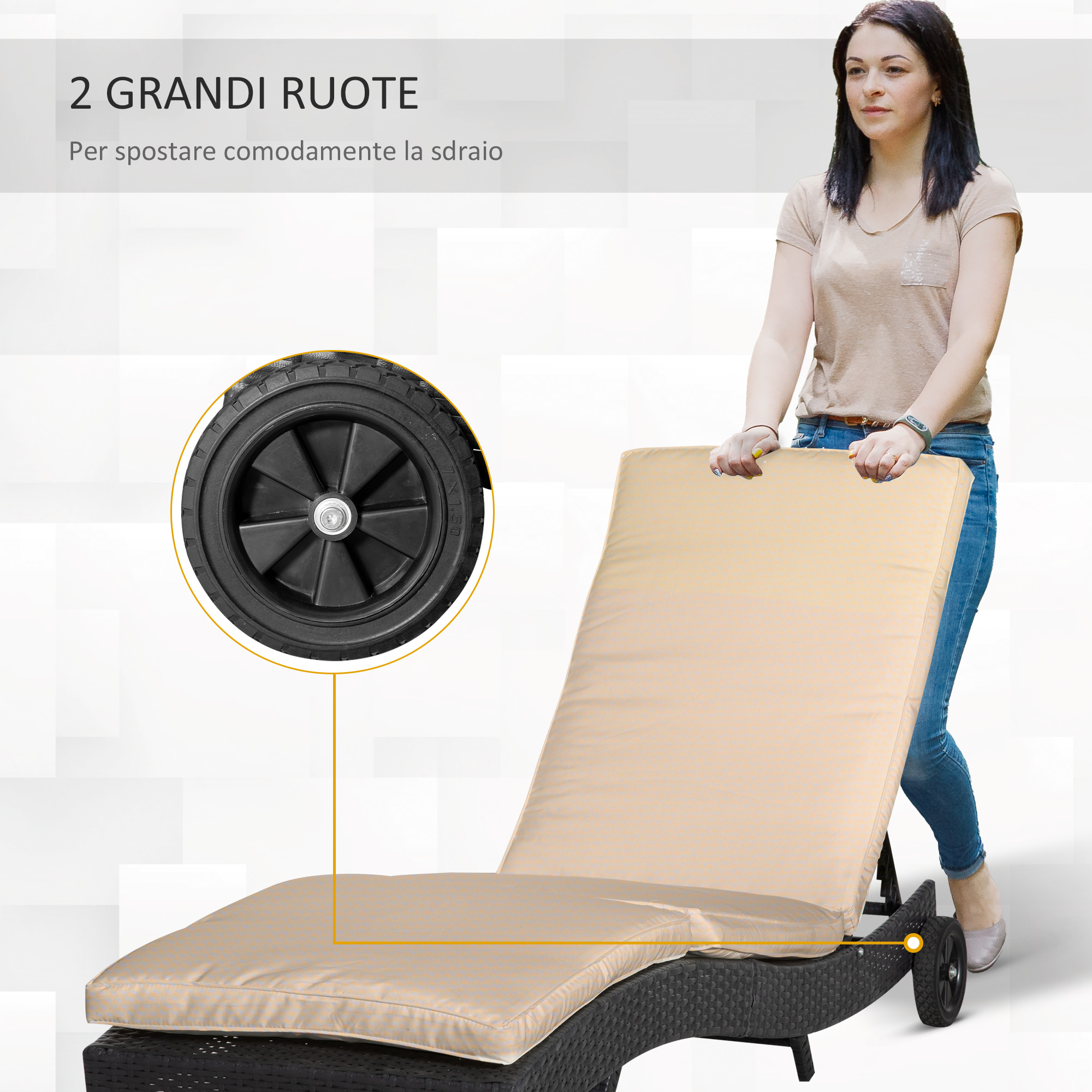 Una donna spinge una chaise longue beige con ruote nere, con un primo piano di una ruota.