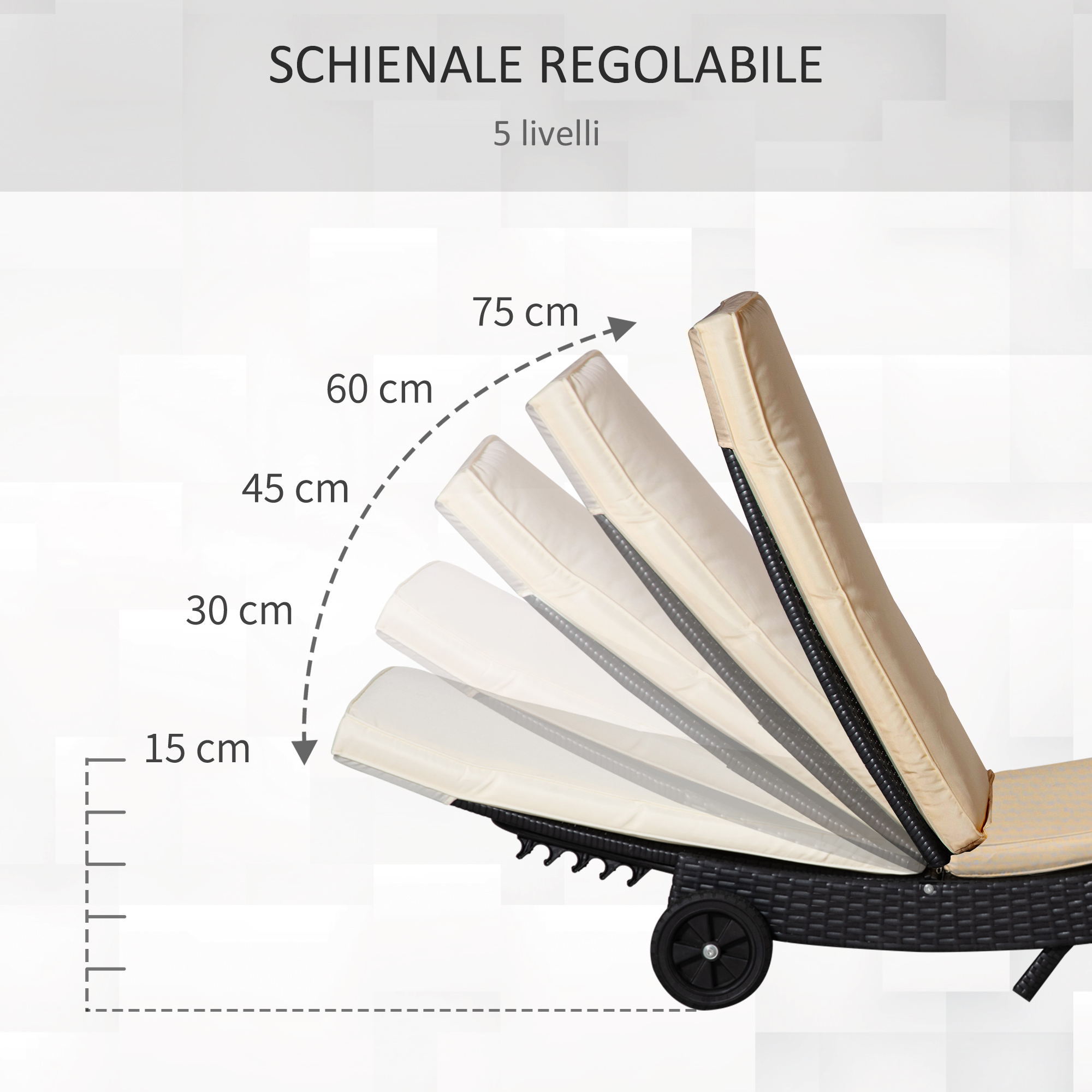 Lettino regolabile con cuscino beige su rattan nero. Scala di altezza mostrata.