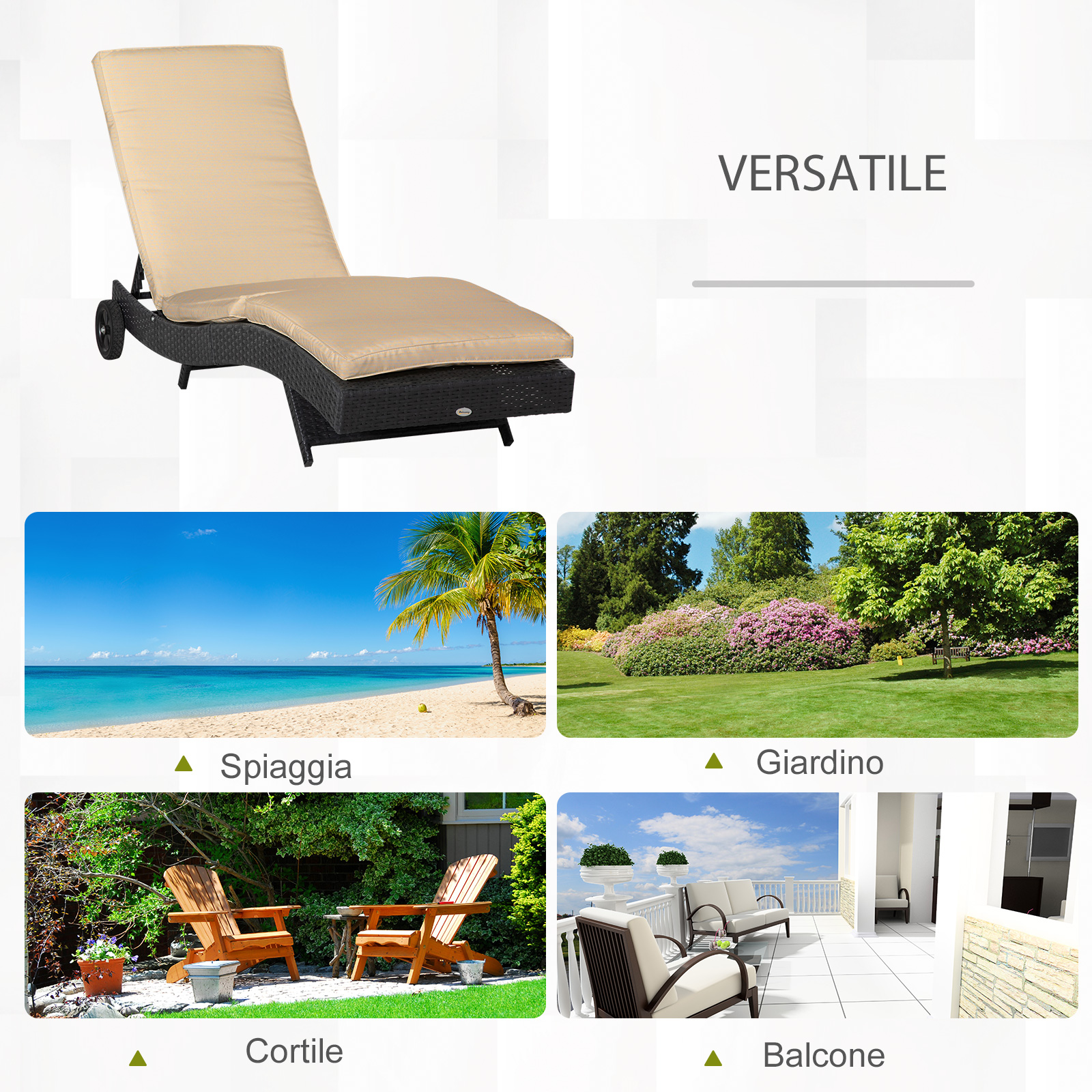 Lettino regolabile con cuscino accanto a immagini di spiaggia, giardino, patio e balcone.