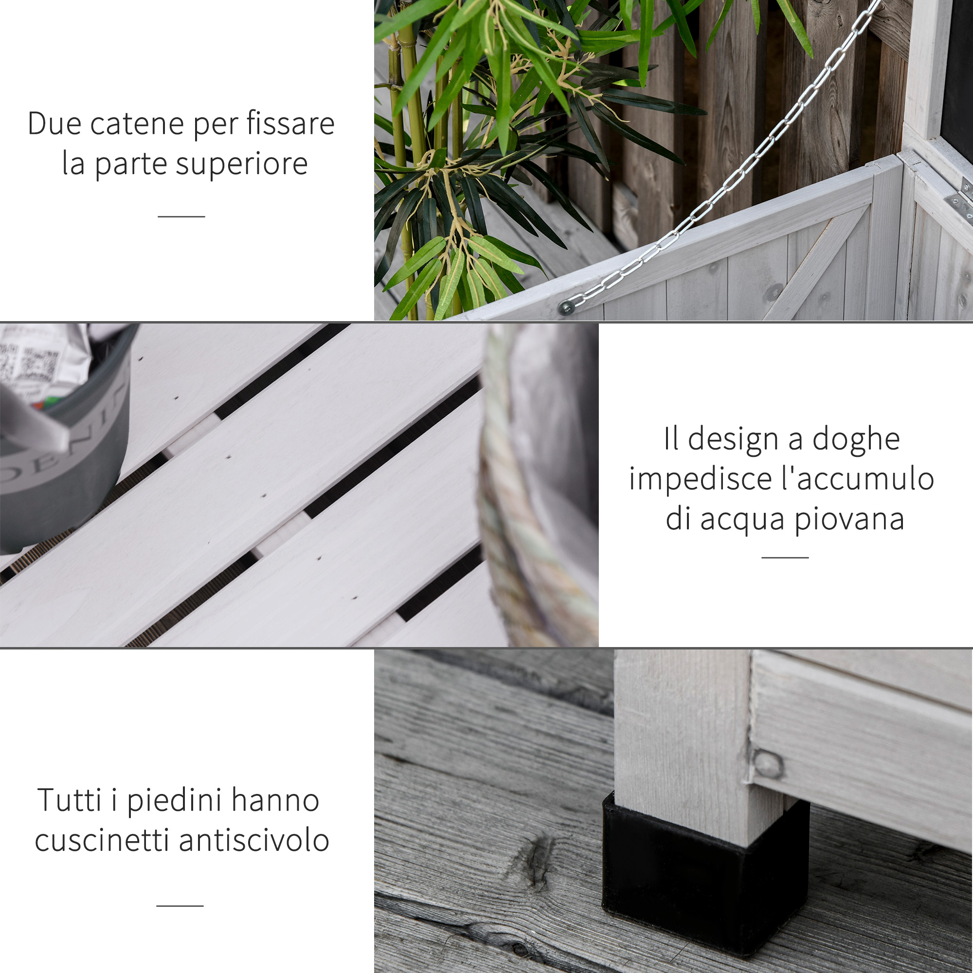 Due catene per fissare la parte superiore, design a doghe previene acqua piovana, piedini antiscivolo.