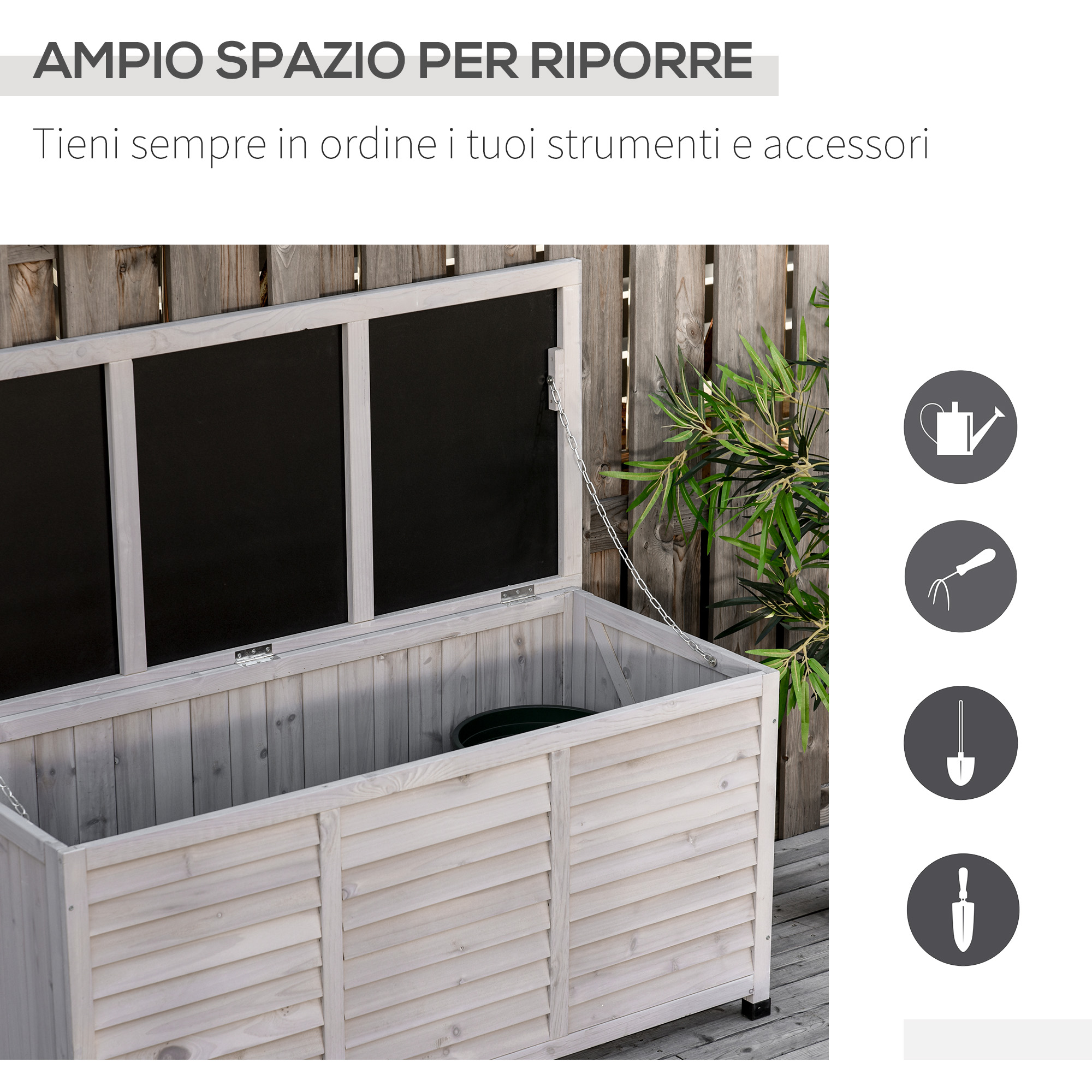 Una panca contenitore in legno bianco con coperchio aperto, vicino a una staccionata in legno e piante.