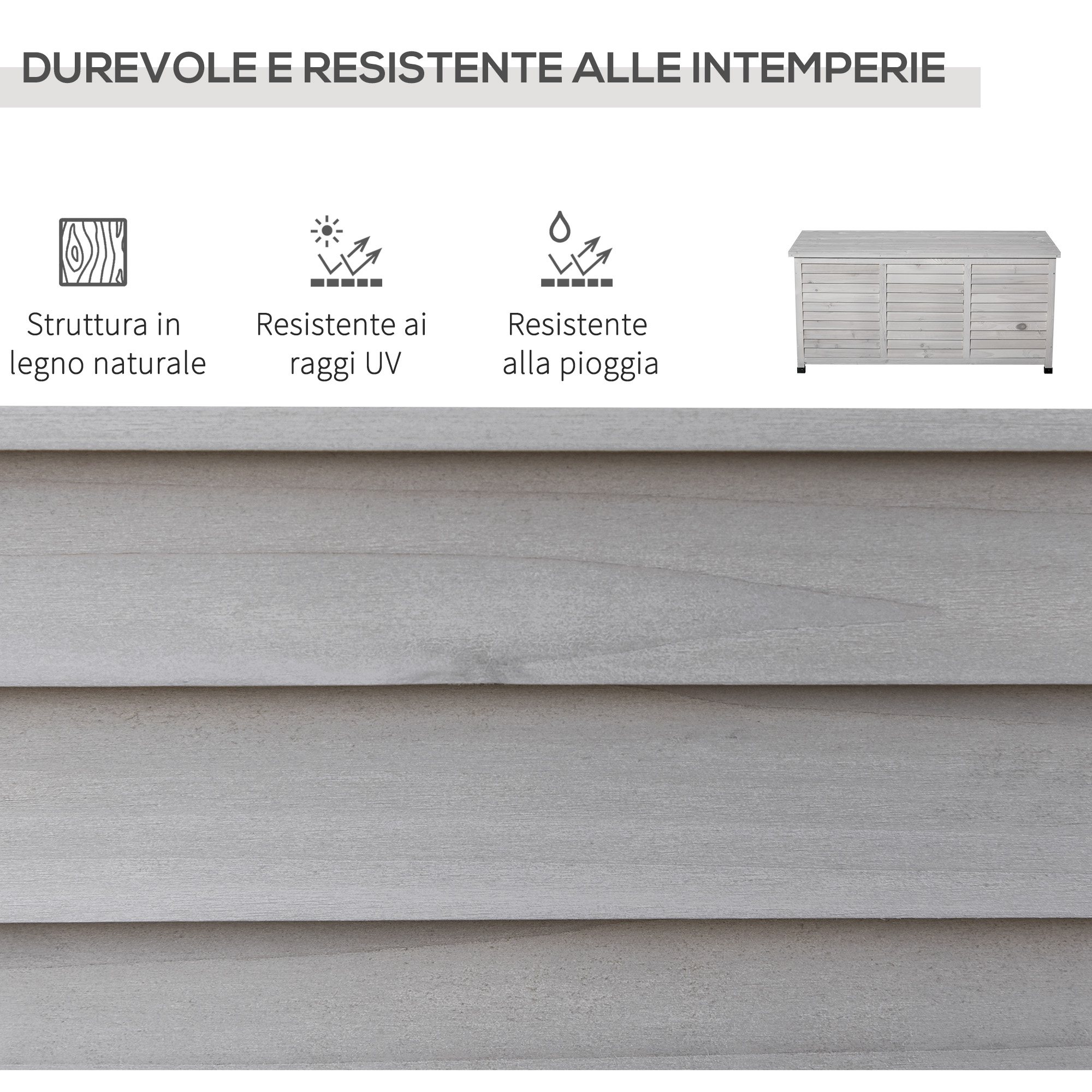 Cassapanca in legno grigio con doghe orizzontali, resistente.