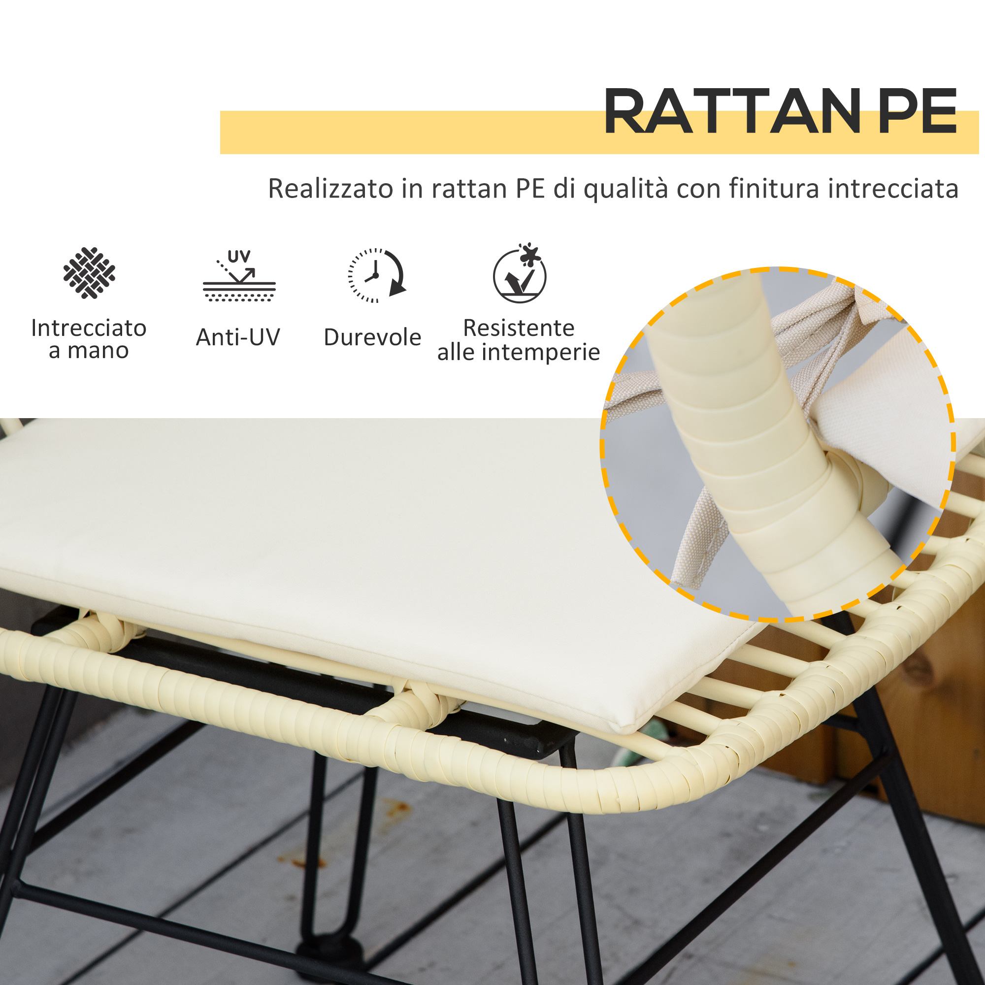Sedia in rattan chiaro con cuscino e testo che dettaglia caratteristiche intrecciate a mano, anti-UV, durevoli.