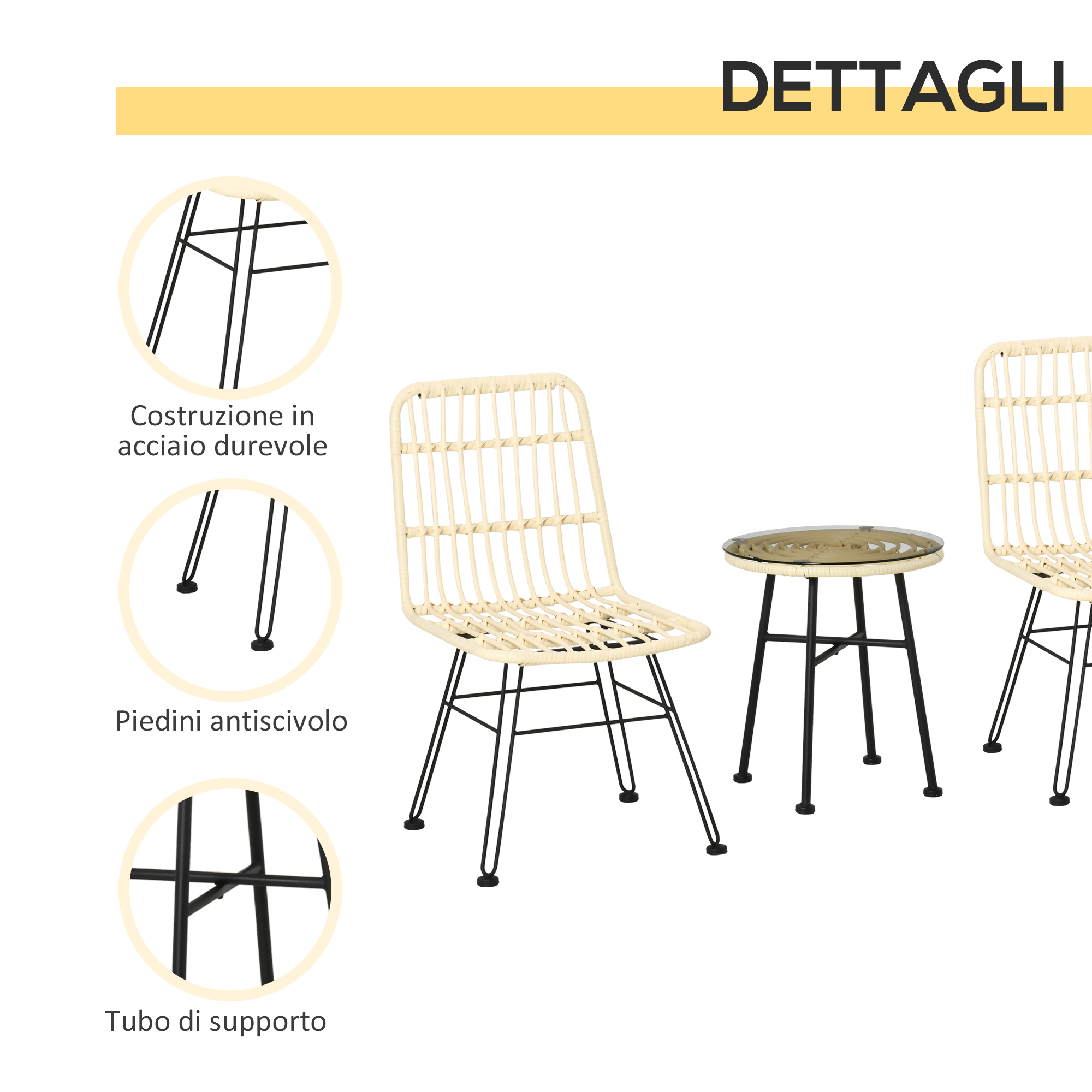 Sedie in rattan beige con telaio in metallo nero e tavolo rotondo in vetro.