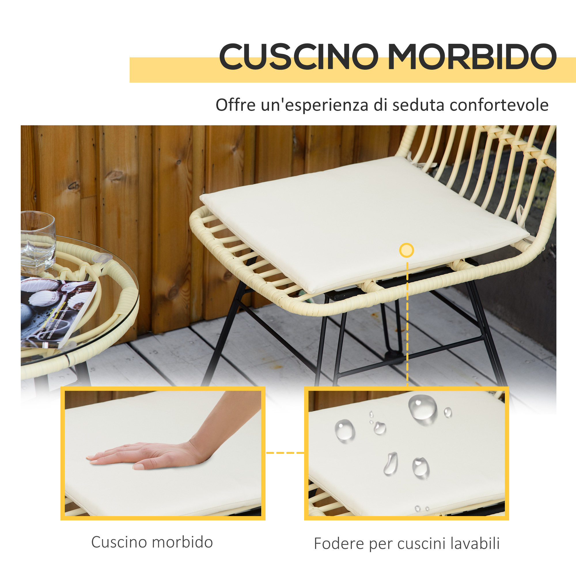 Un cuscino beige su una sedia di rattan con tavolino in vetro.