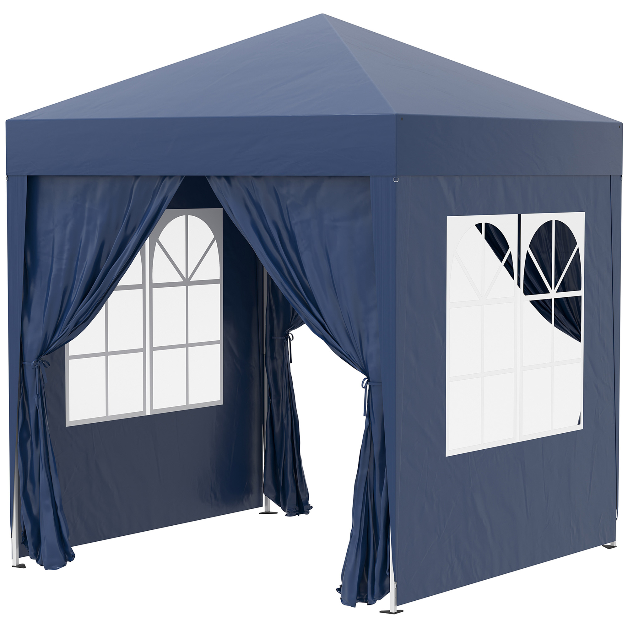 Gazebo blu scuro con finestre e tende, cornici bianche.
