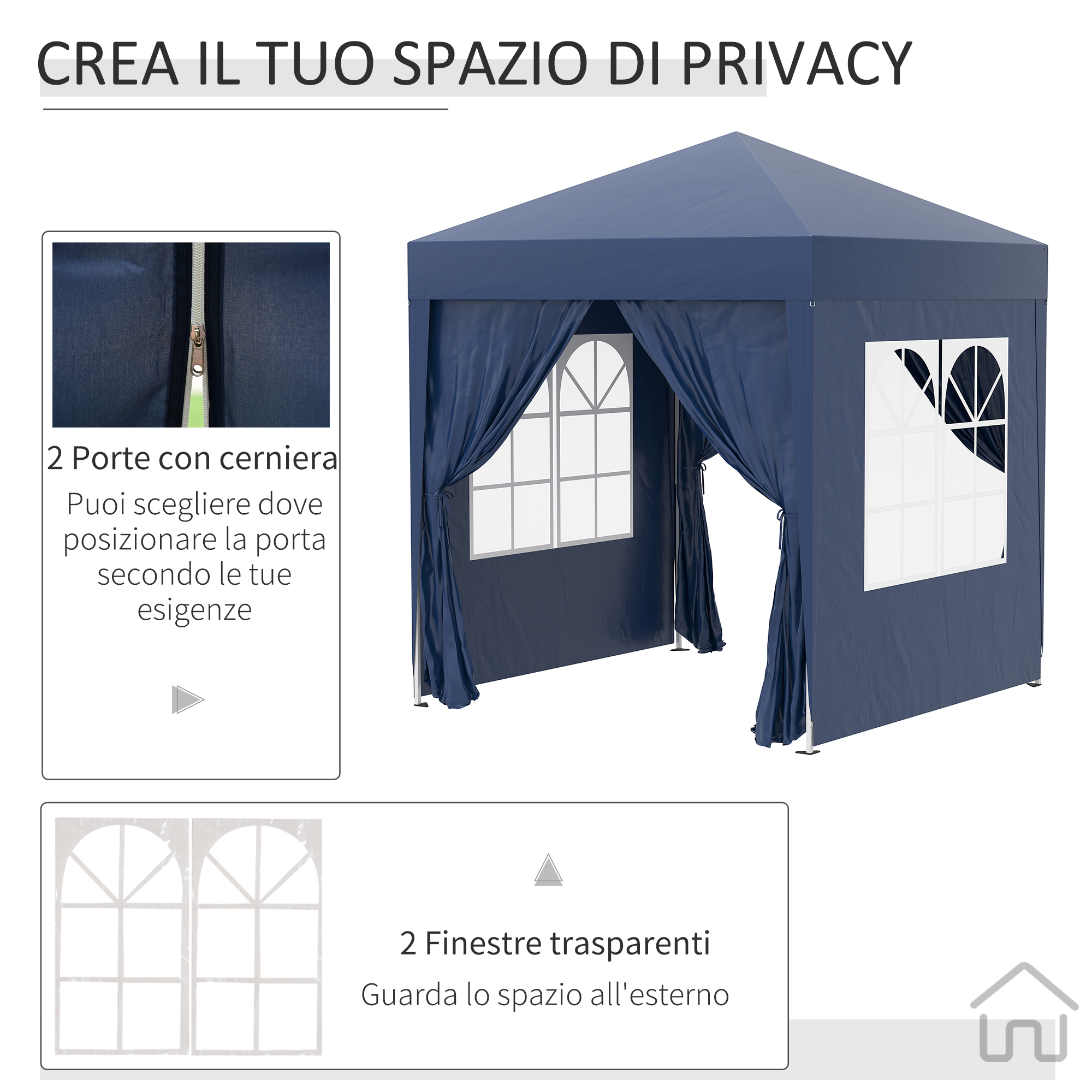 Gazebo blu scuro con finestre e porte, creato per la privacy.