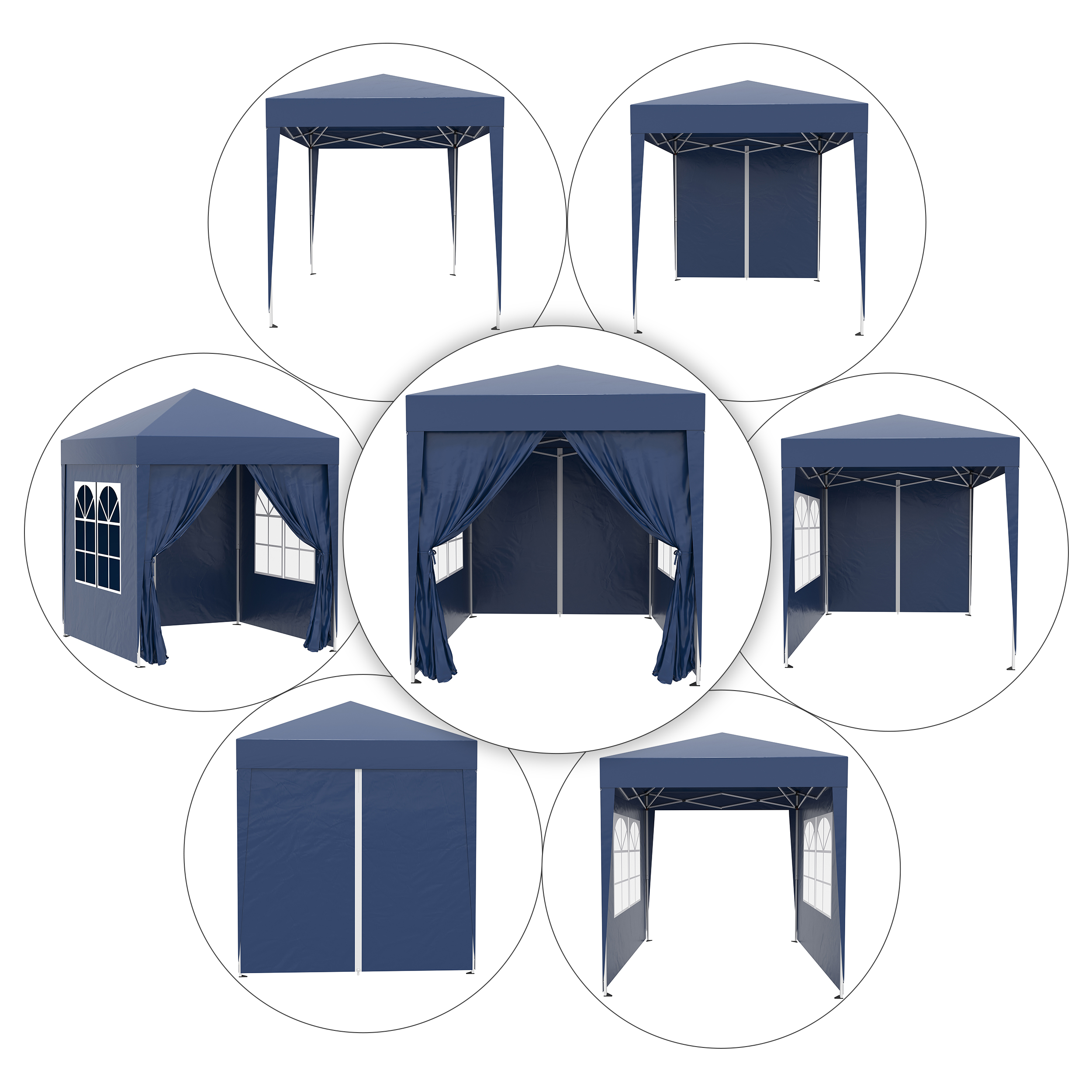 Un gazebo blu a scomparsa mostrato da diverse angolazioni, alcuni con finestre.
