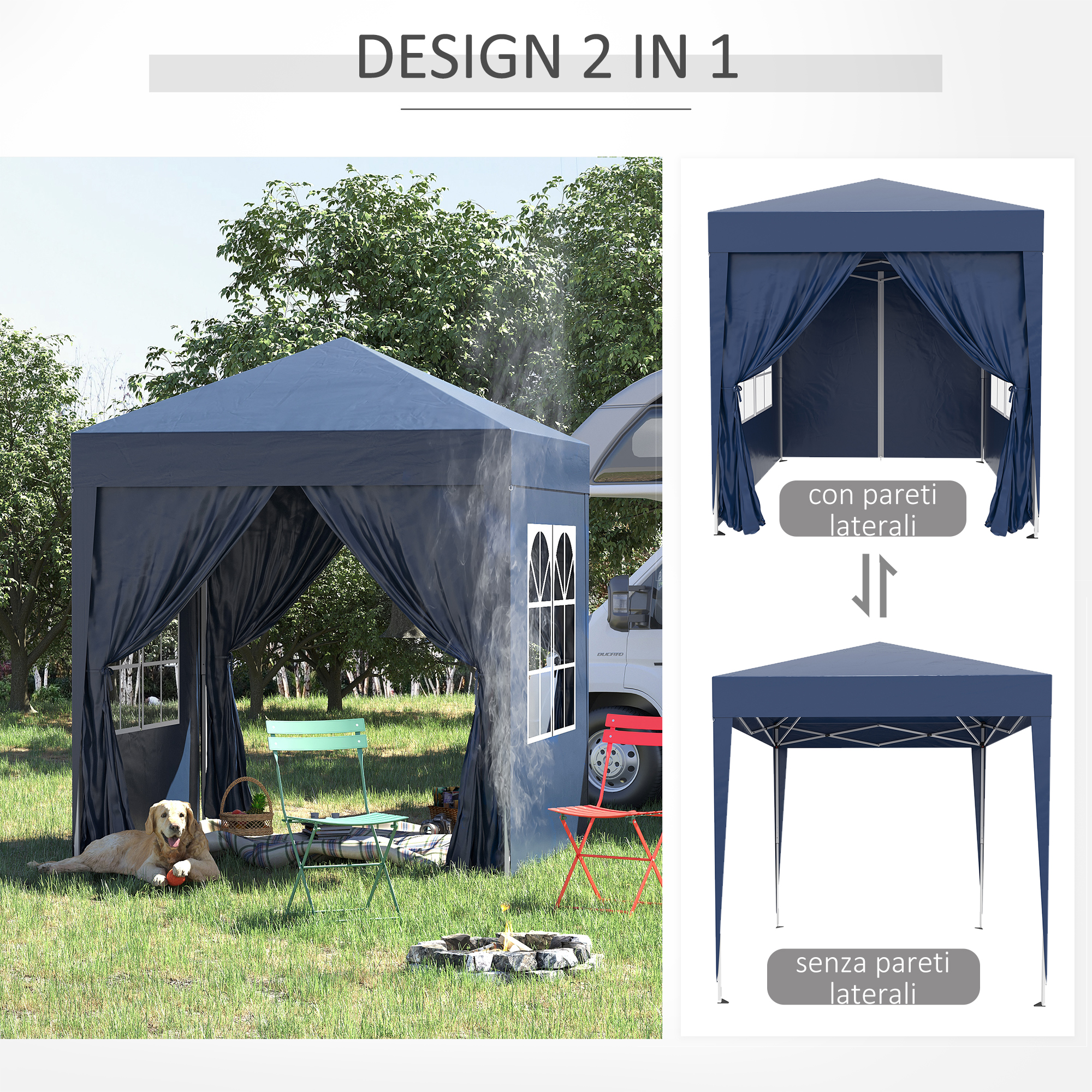 Un cane giace sull'erba davanti a un gazebo blu scuro con finestre bianche.