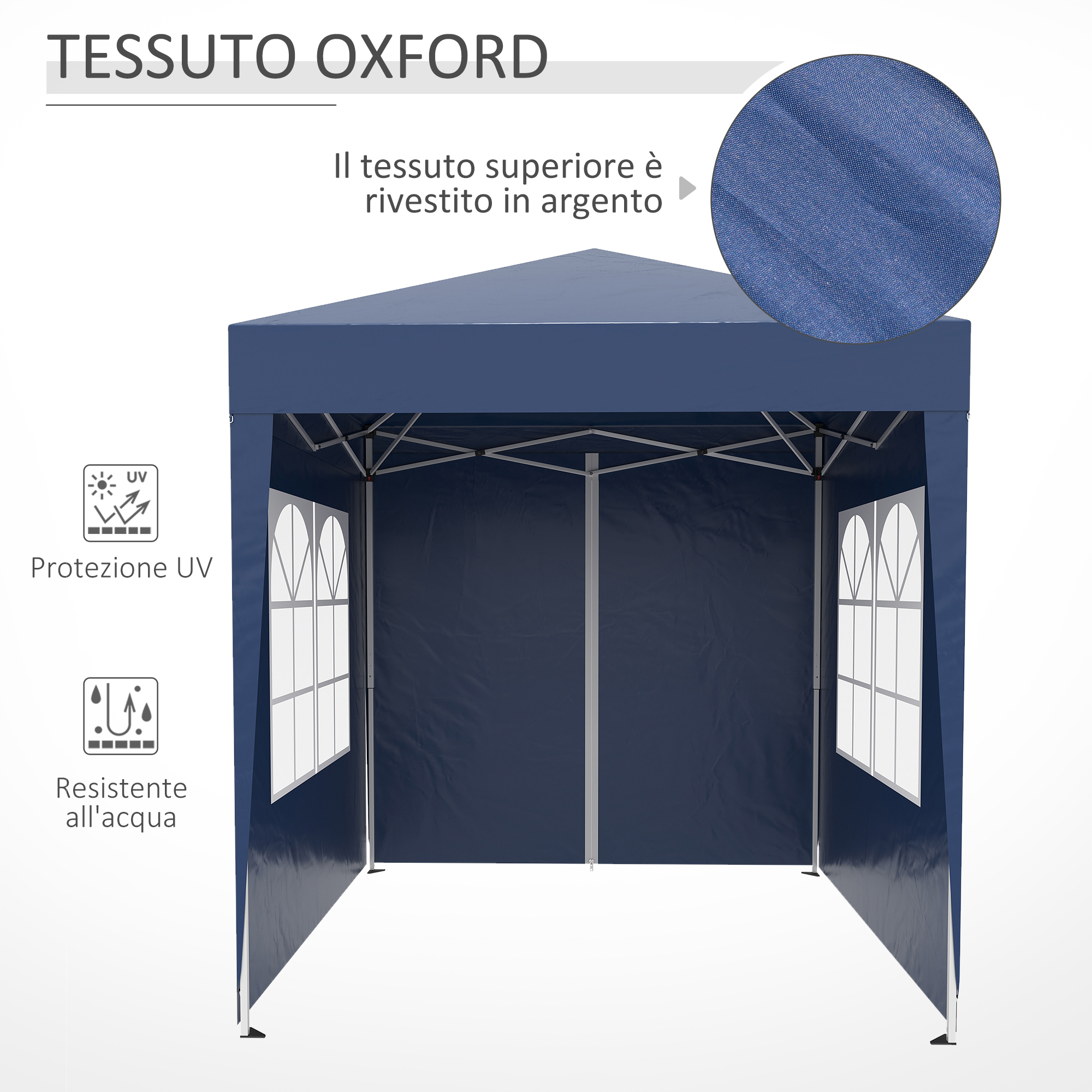 Un gazebo blu scuro con pali argentati e finestre. Resistente ai raggi UV e all'acqua.