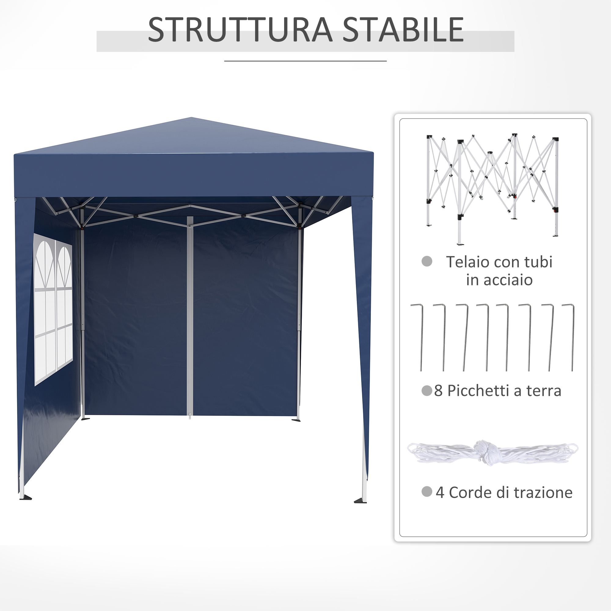 Un gazebo blu scuro con finestre e telaio in metallo, picchetti e corde.