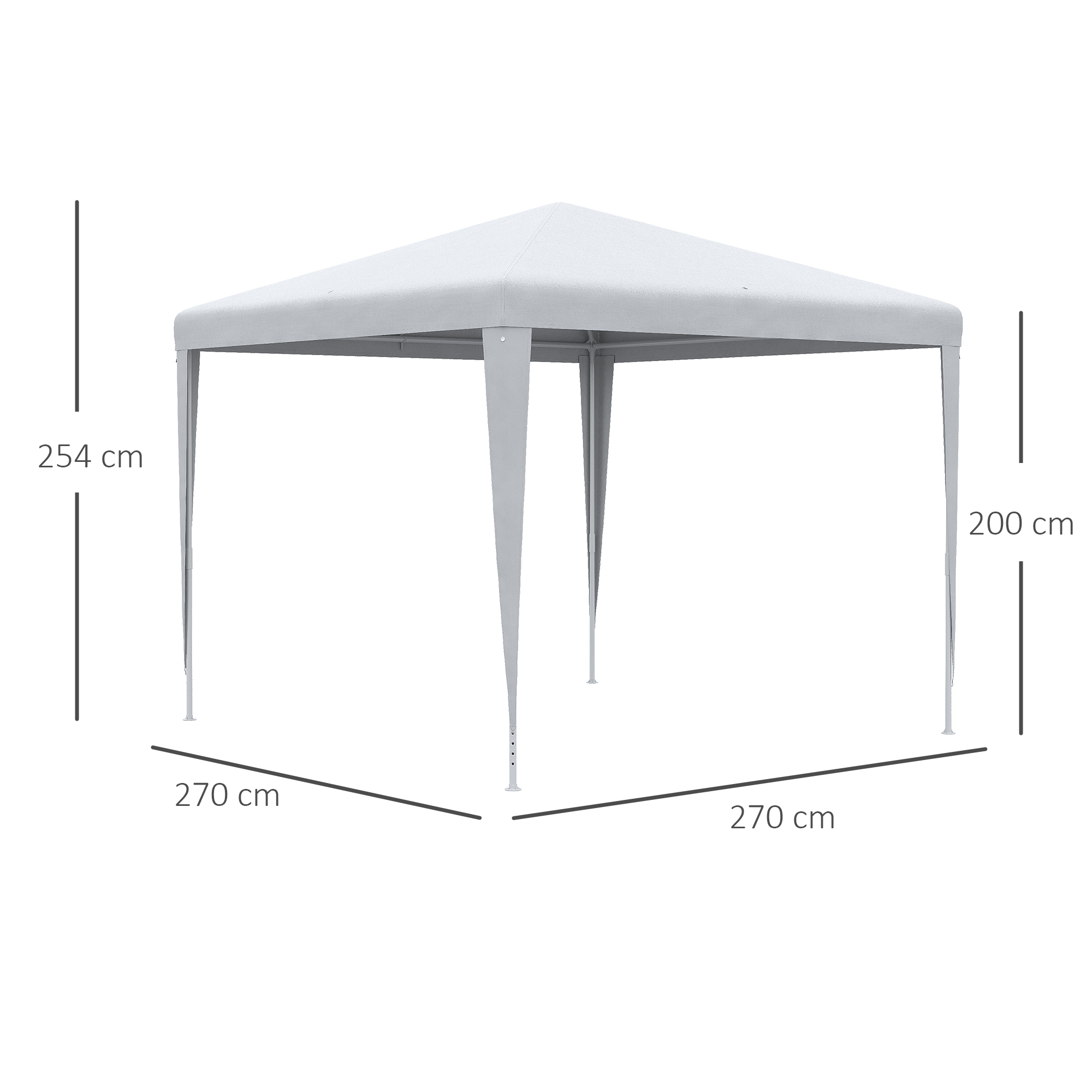 Un gazebo bianco con quattro gambe, misura 270x270x254cm.