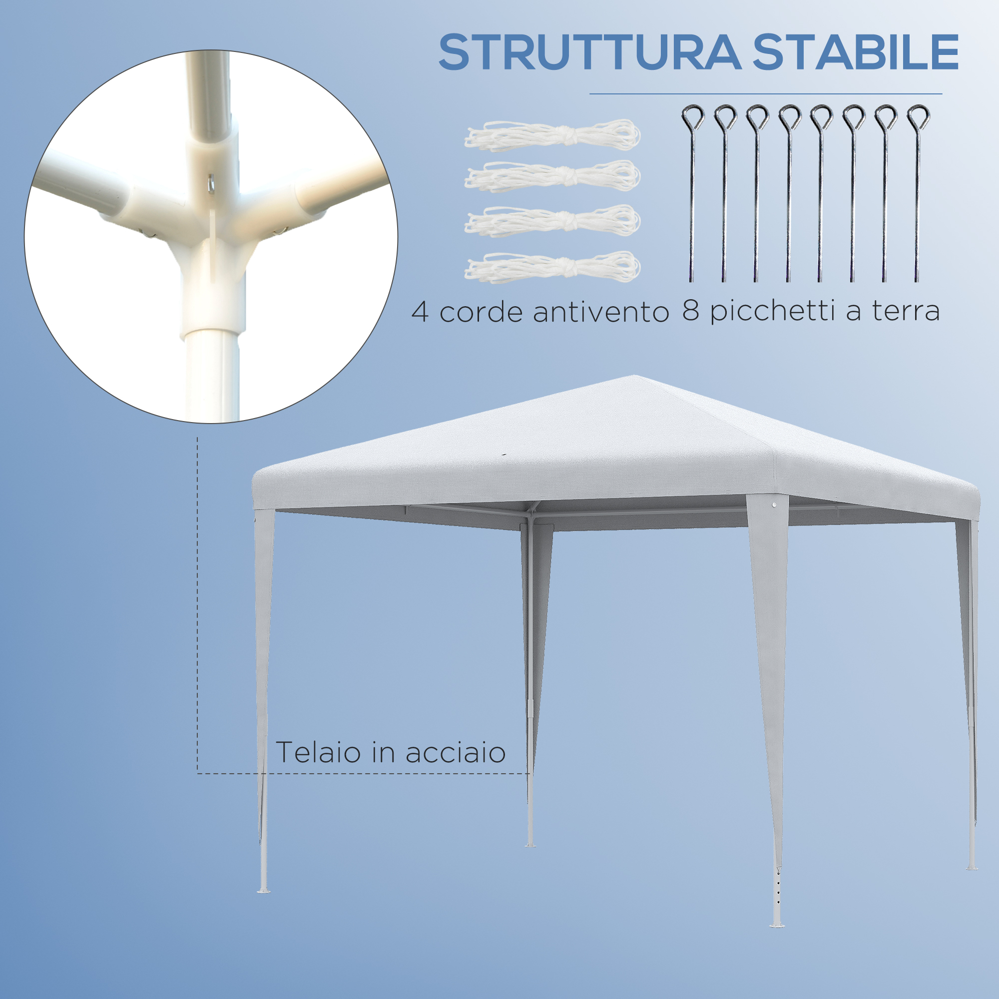 Una tenda bianca con telaio in metallo, corde e picchetti.