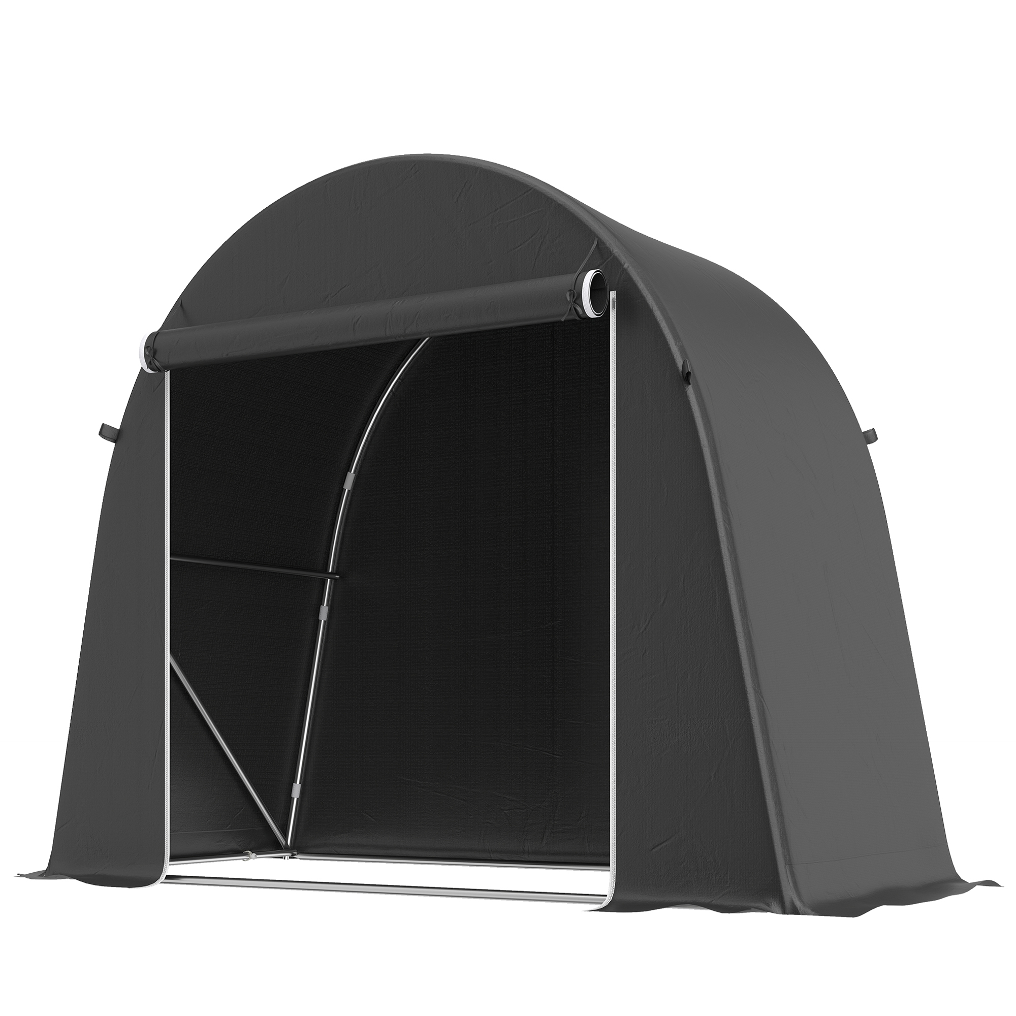 Una tenda portaoggetti scura e arcuata con ingresso aperto e telaio in metallo.
