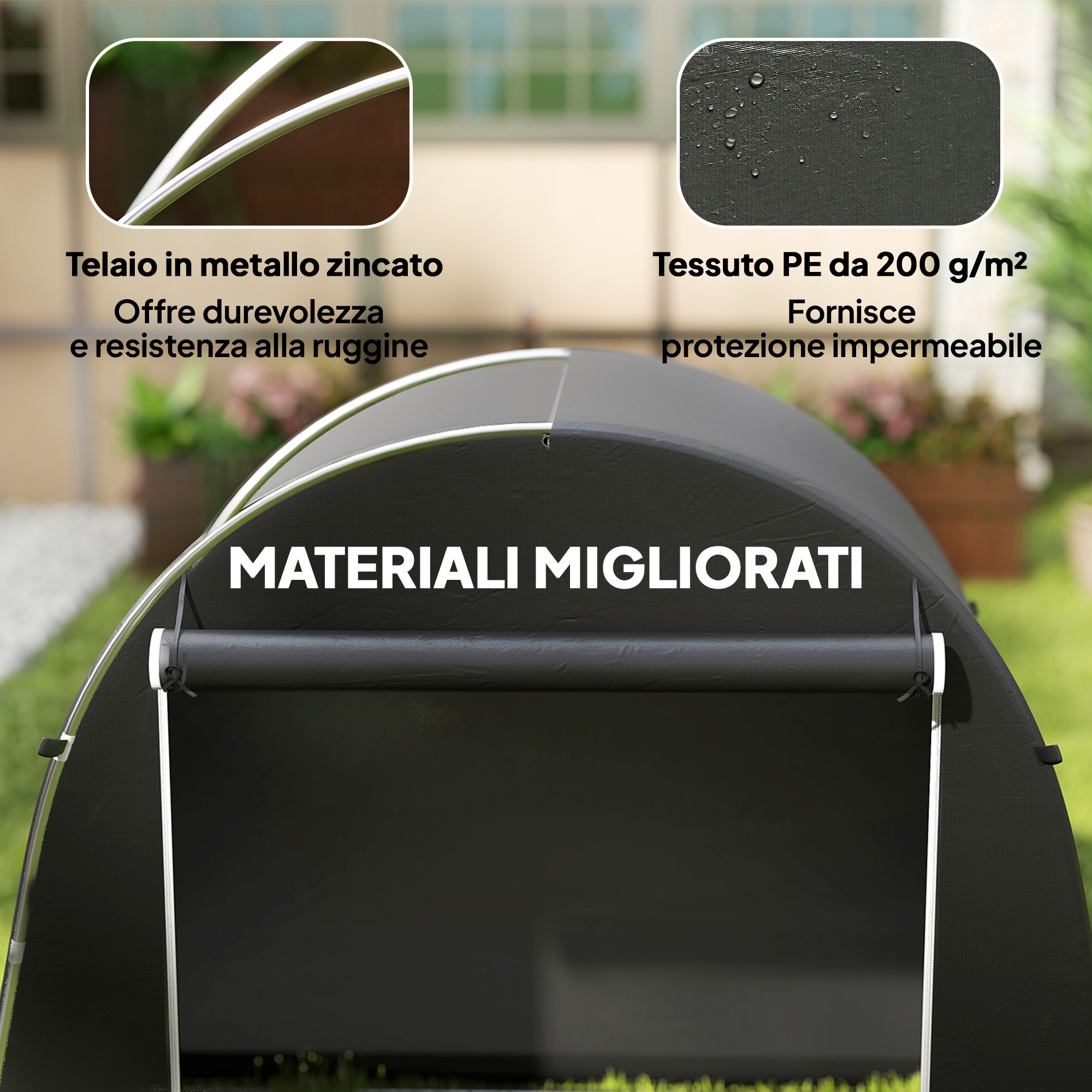 Un baldacchino con telaio in metallo zincato e tessuto in PE.