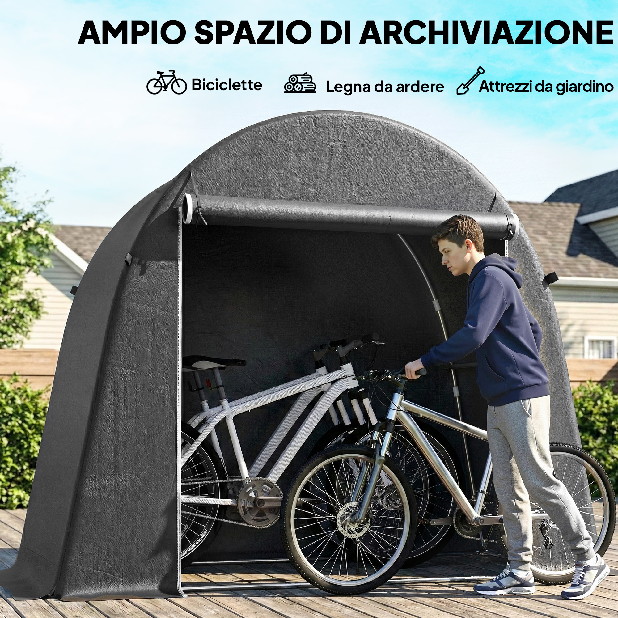 Un giovane uomo spinge una bicicletta in una tenda portaoggetti nera.