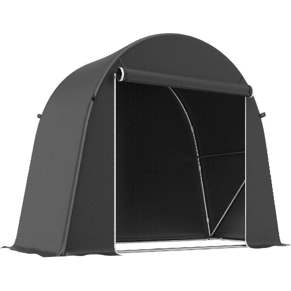 Una tenda scura ad arco con telaio in metallo e ingresso aperto.