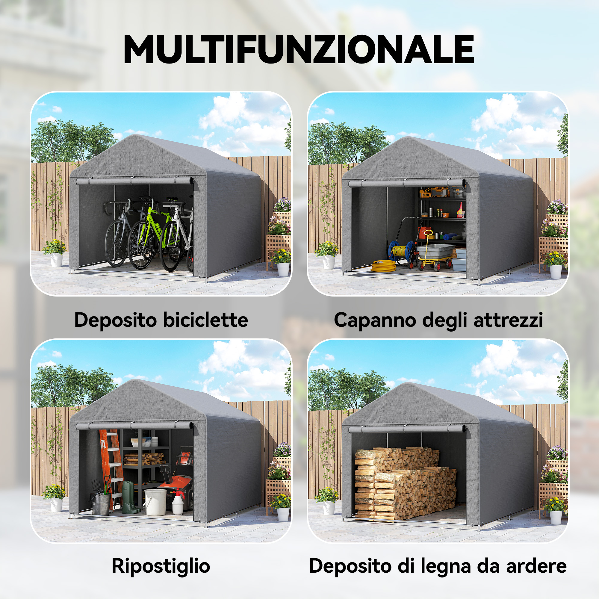 Quattro viste di un capanno grigio multiuso: bici, attrezzi, deposito, legna.