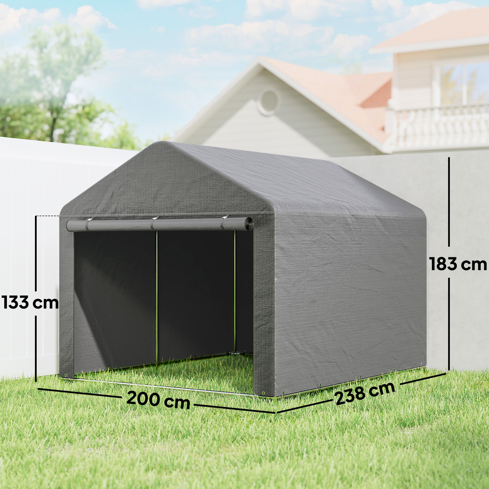 Struttura tenda grigia su erba, dimensioni 200cm x 238cm, altezza 183cm.
