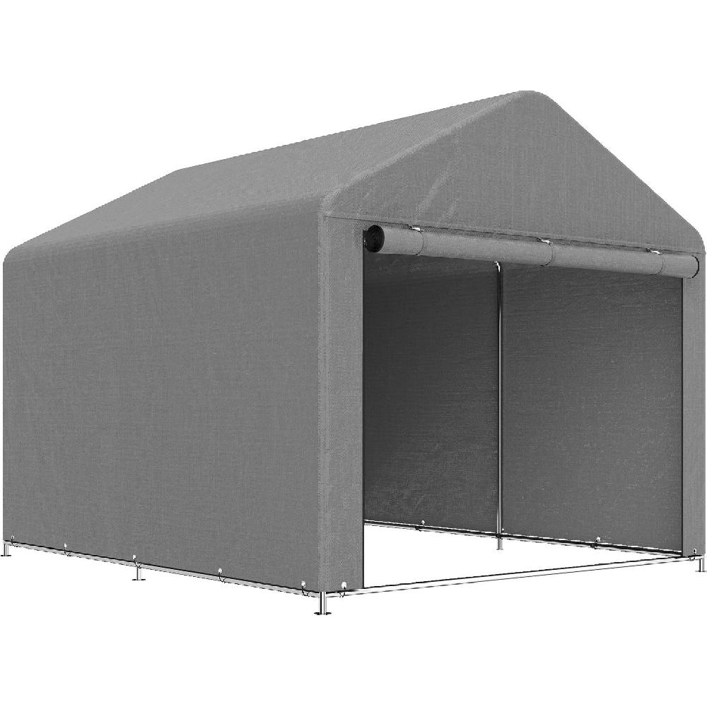 Tenda grigia con telaio in metallo e ingresso aperto.