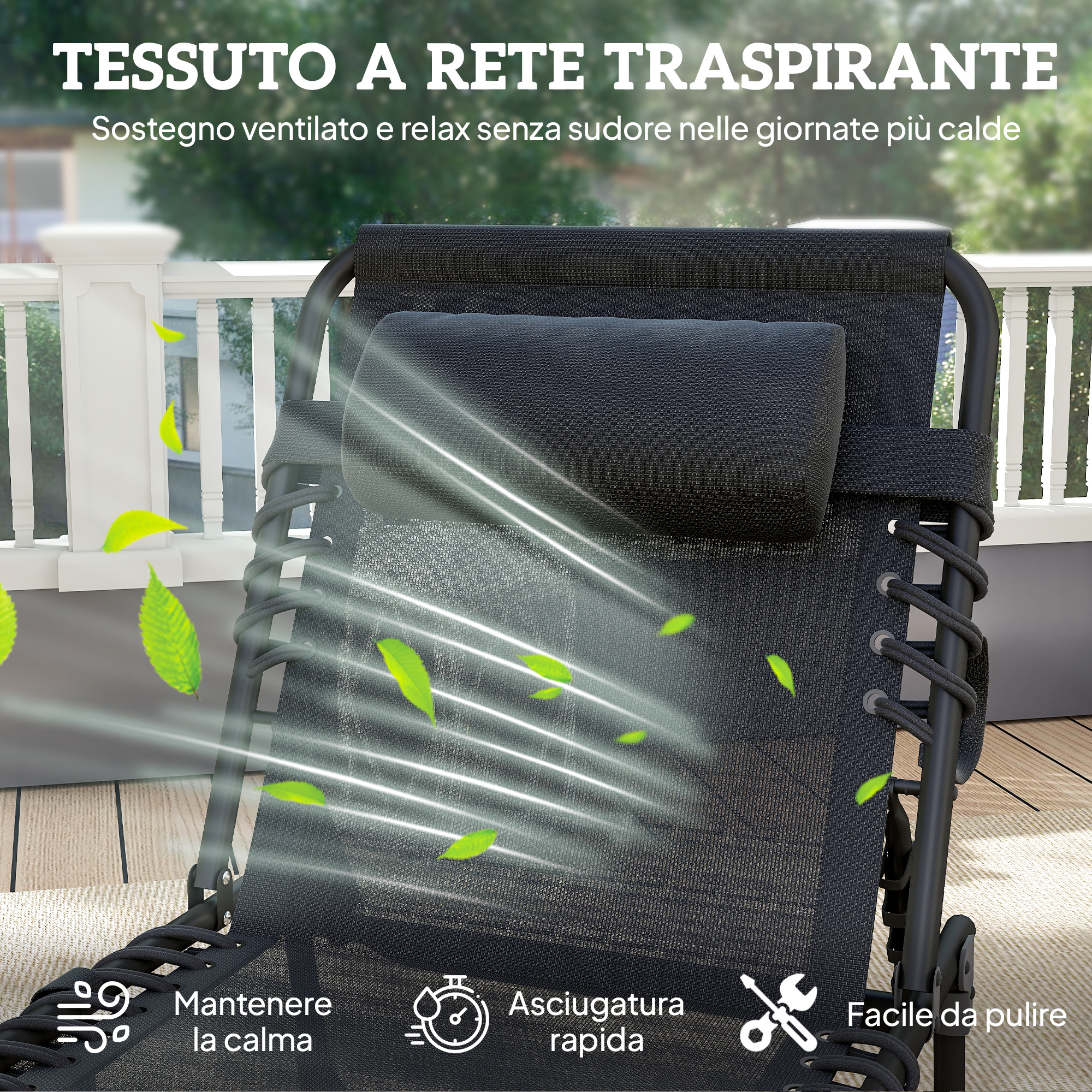 Sdraio nero in rete con aria fresca e foglie.