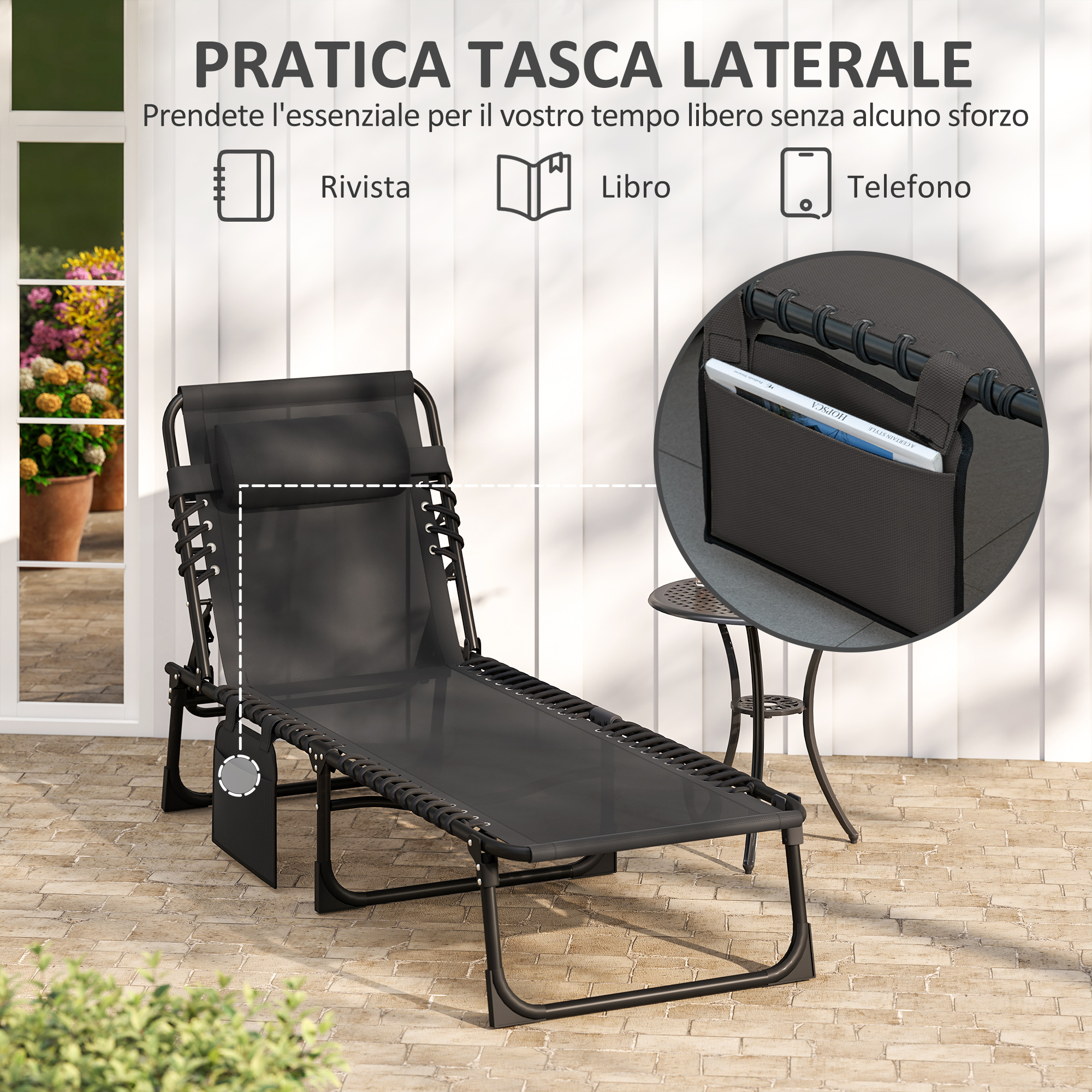 Una sedia a sdraio nera con tasca laterale per libro, rivista e telefono.