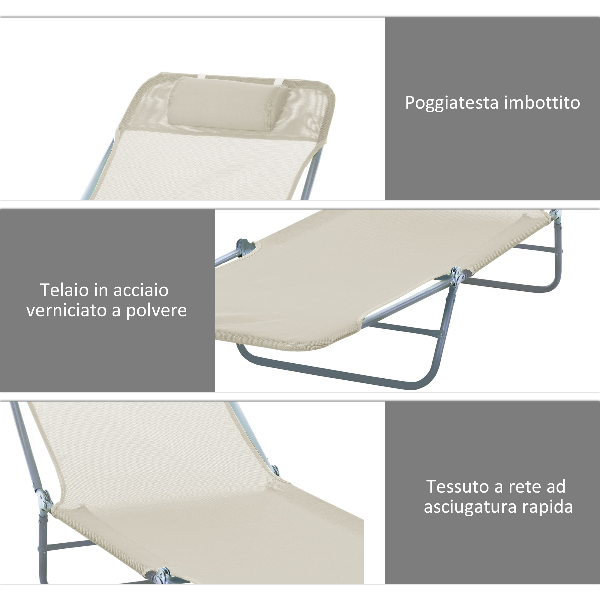Sdraio beige con poggiatesta e tessuto a rete.