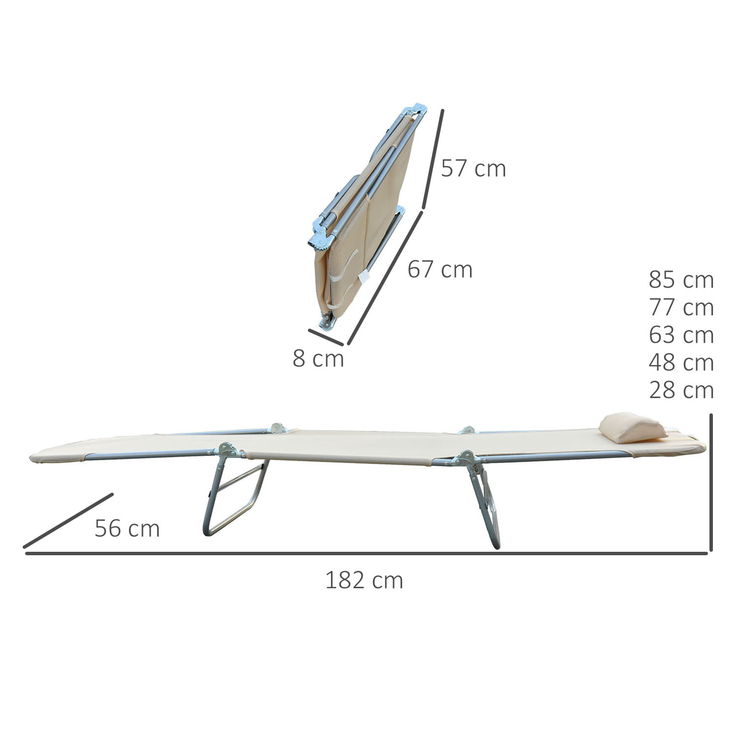 Una sdraio pieghevole beige mostrata estesa e piegata con dimensioni.