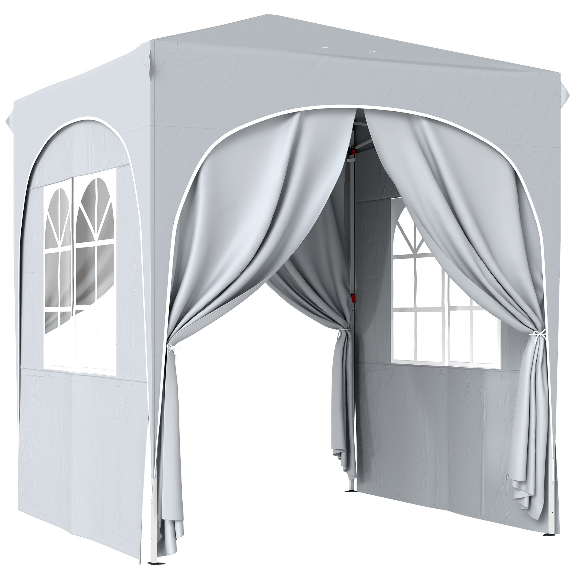 Una tenda gazebo grigia con finestre e tende, su sfondo bianco.