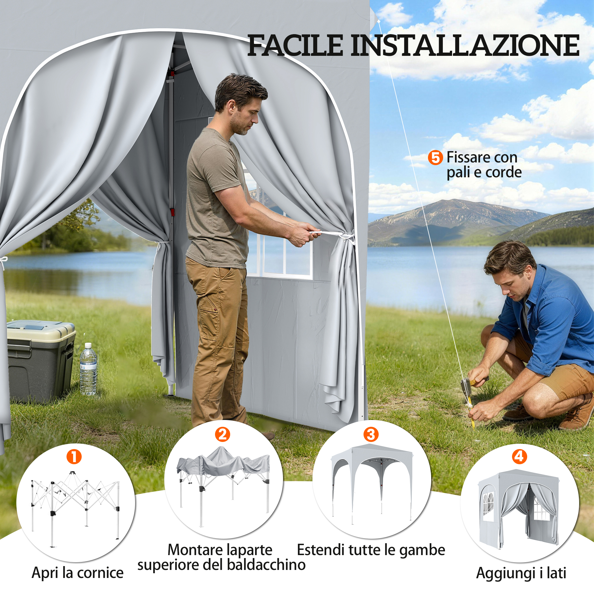 Uomini montano una tenda, con passaggi e paesaggi sullo sfondo.