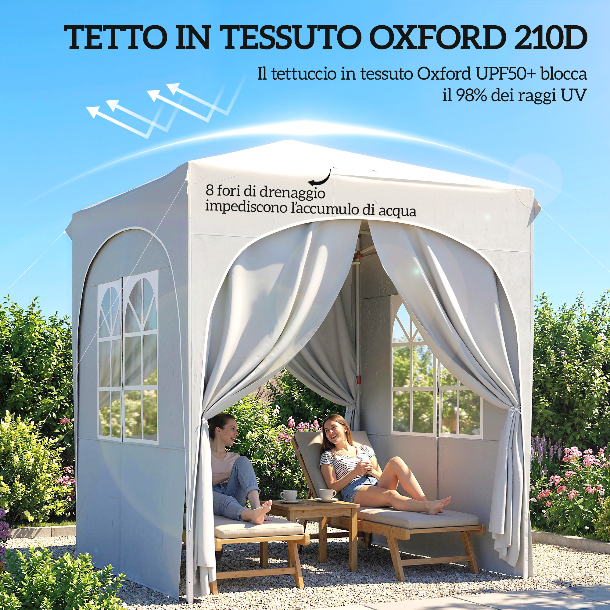 Due donne si rilassano in un gazebo in giardino. Cielo blu e vegetazione.