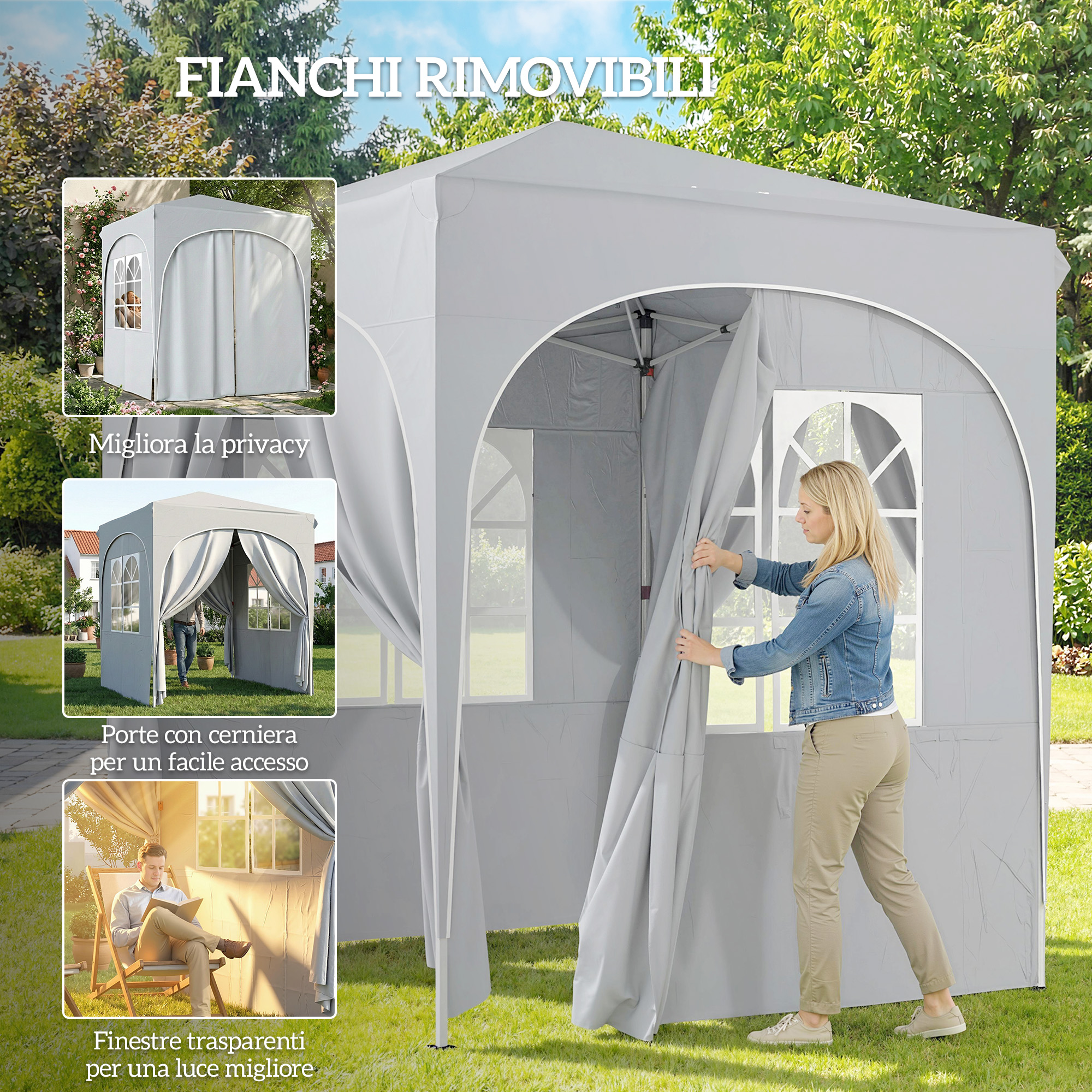 Una donna tira tende grigie su un gazebo con finestre.
