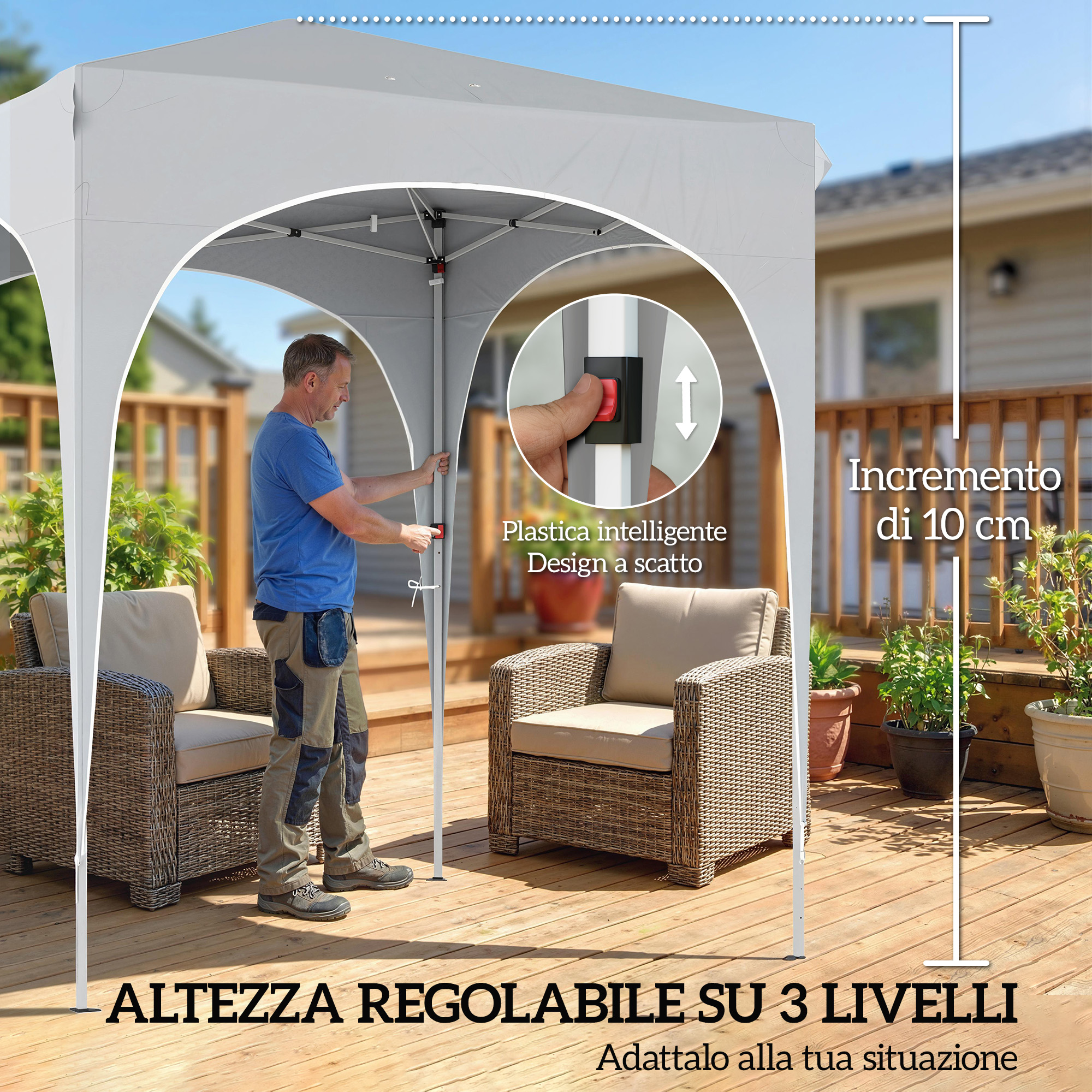 Un uomo regola una tenda grigia su un terrazzo in legno con due poltrone.